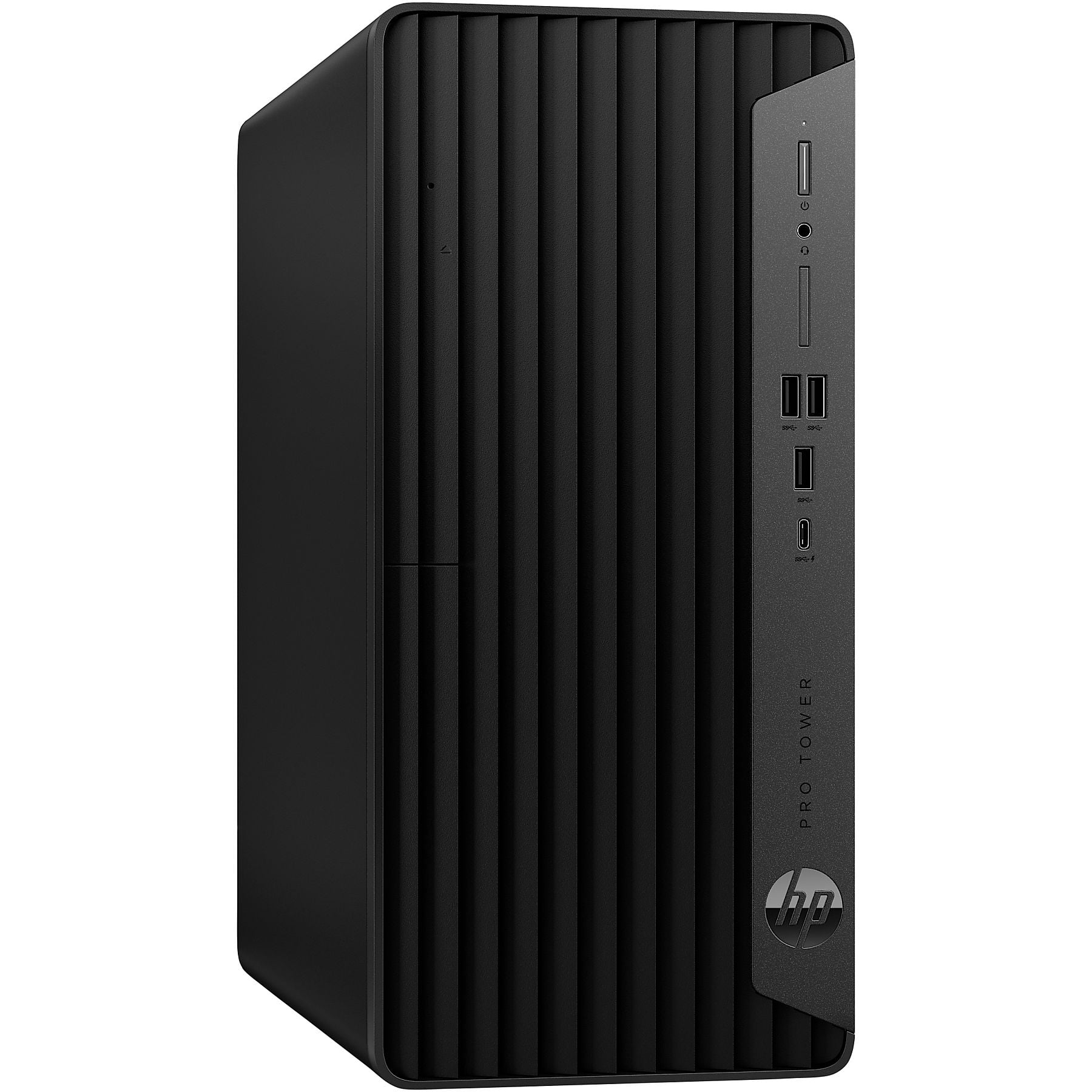 Computer desktop HP Pro Tower nero con prese d'aria verticali e porte.
