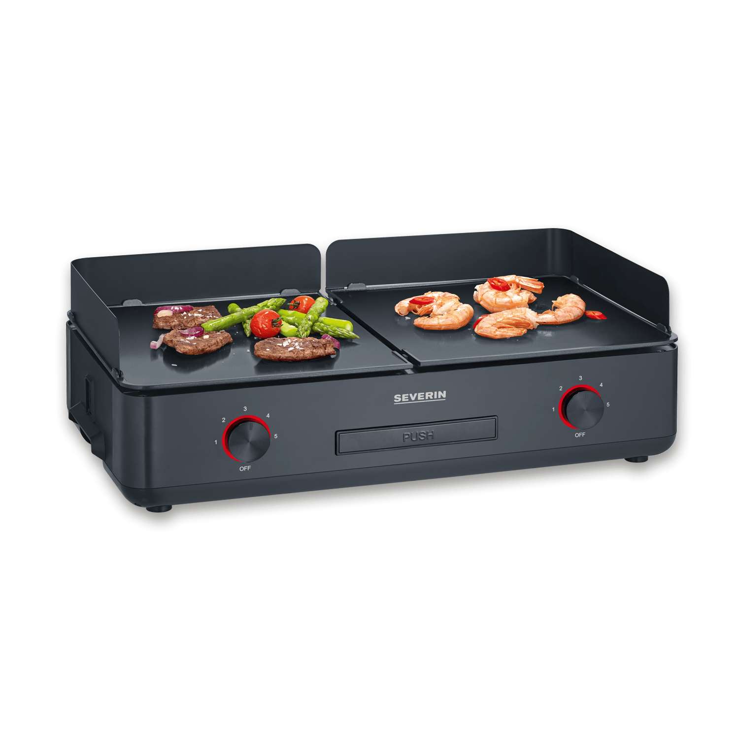 Czarny grill elektryczny z burgerami, szparagami, pomidorami i krewetkami.