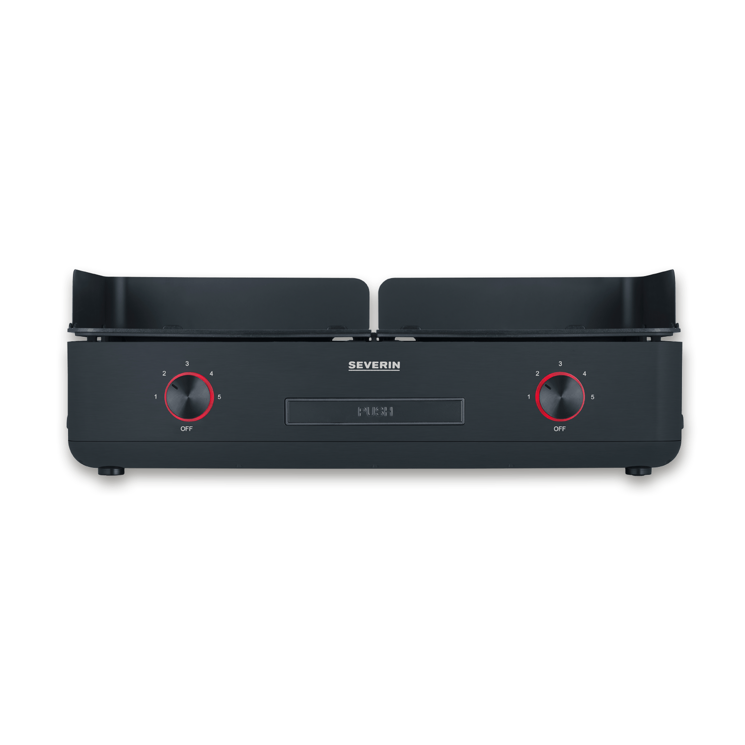 Czarny grill kontaktowy Severin z dwoma płytami grzewczymi i pokrętłami.