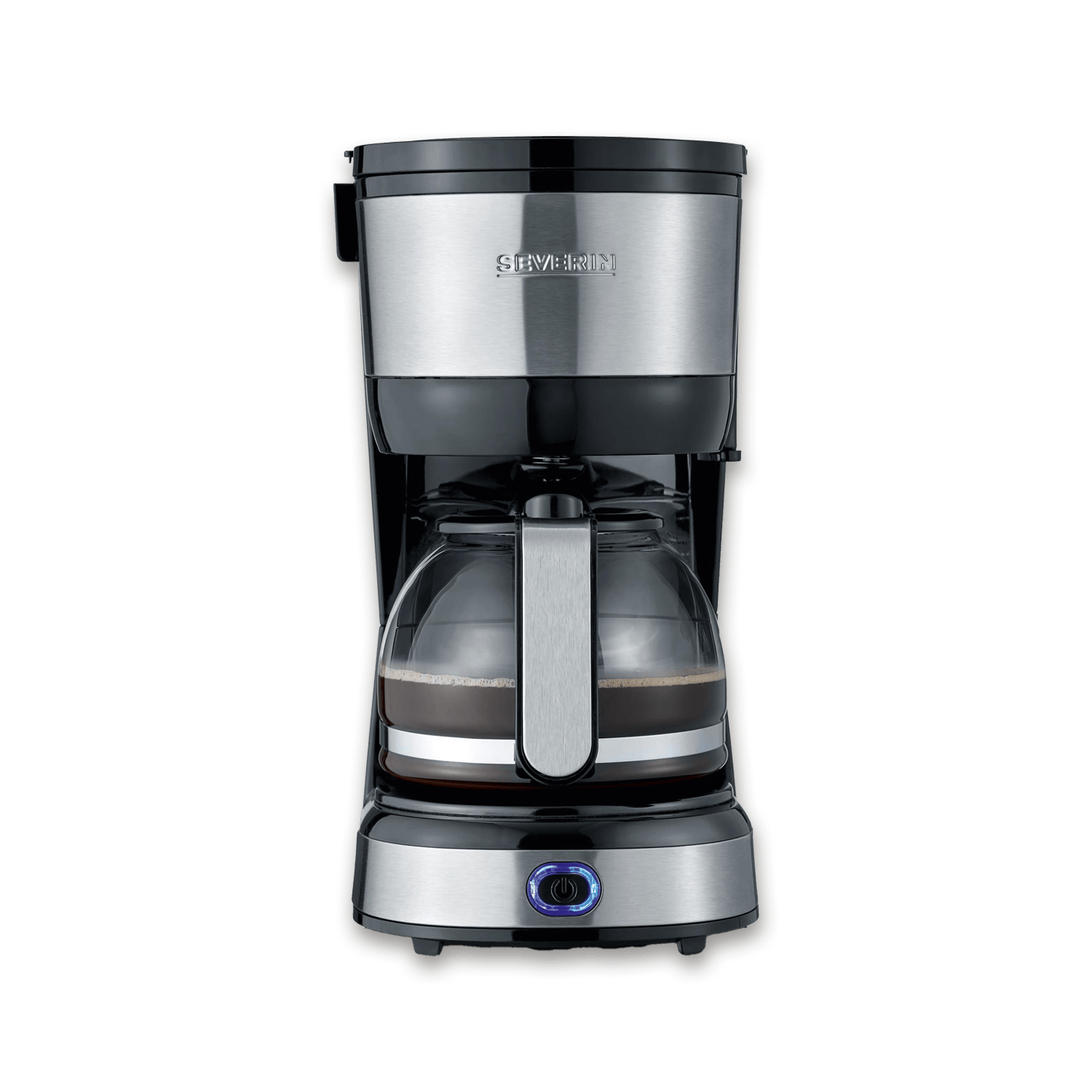 Une cafetière noire et argentée avec une carafe en verre remplie de café.