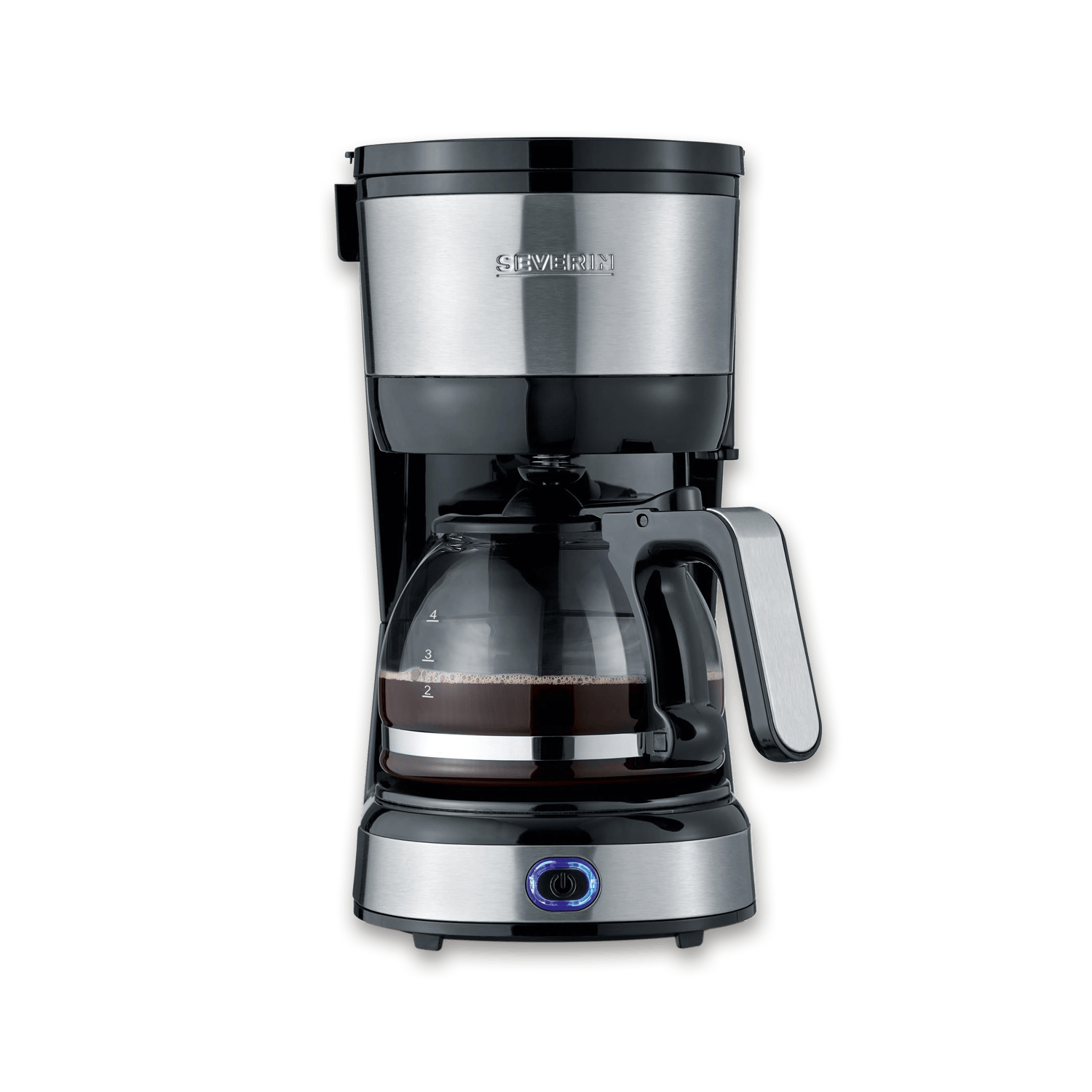 Une cafetière noire et argentée avec une verseuse en verre remplie de café.