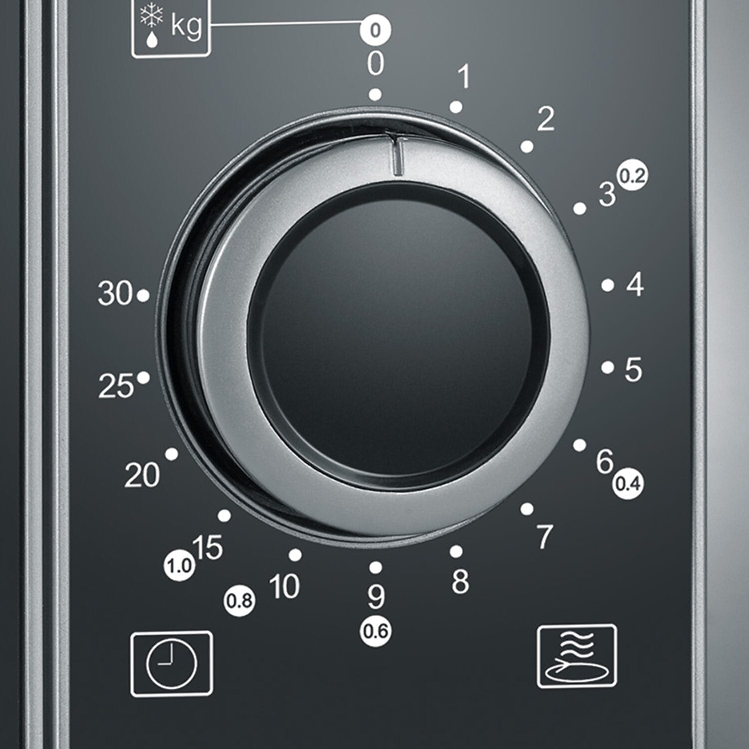 Pokrętło z oznaczeniami czasu i wagi. Ikony zegara i fal.