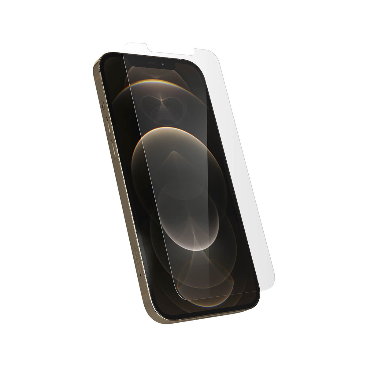 Una cornice dorata per smartphone con una protezione per lo schermo appoggiata sullo schermo.