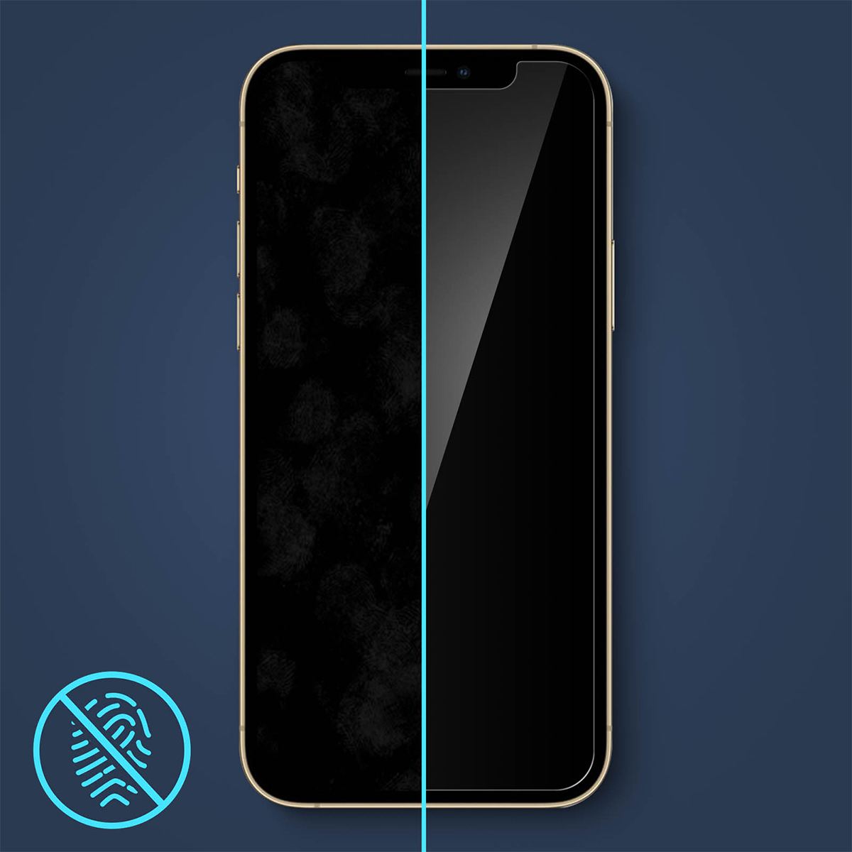 Uno smartphone con icona impronta digitale a sinistra e pellicola protettiva pulita a destra.