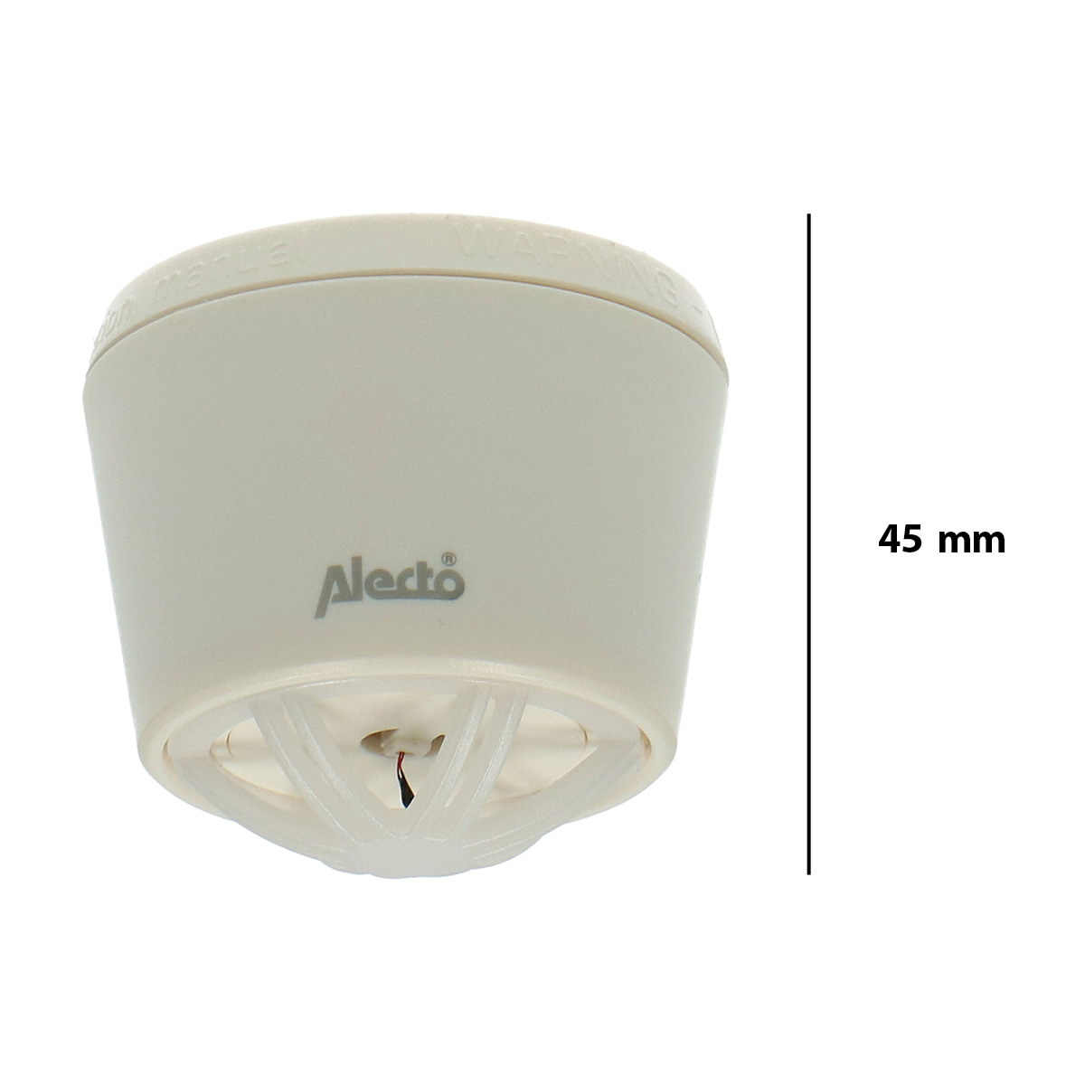 Biały czujnik dymu Alecto, wysokość 45 mm, na białym tle.