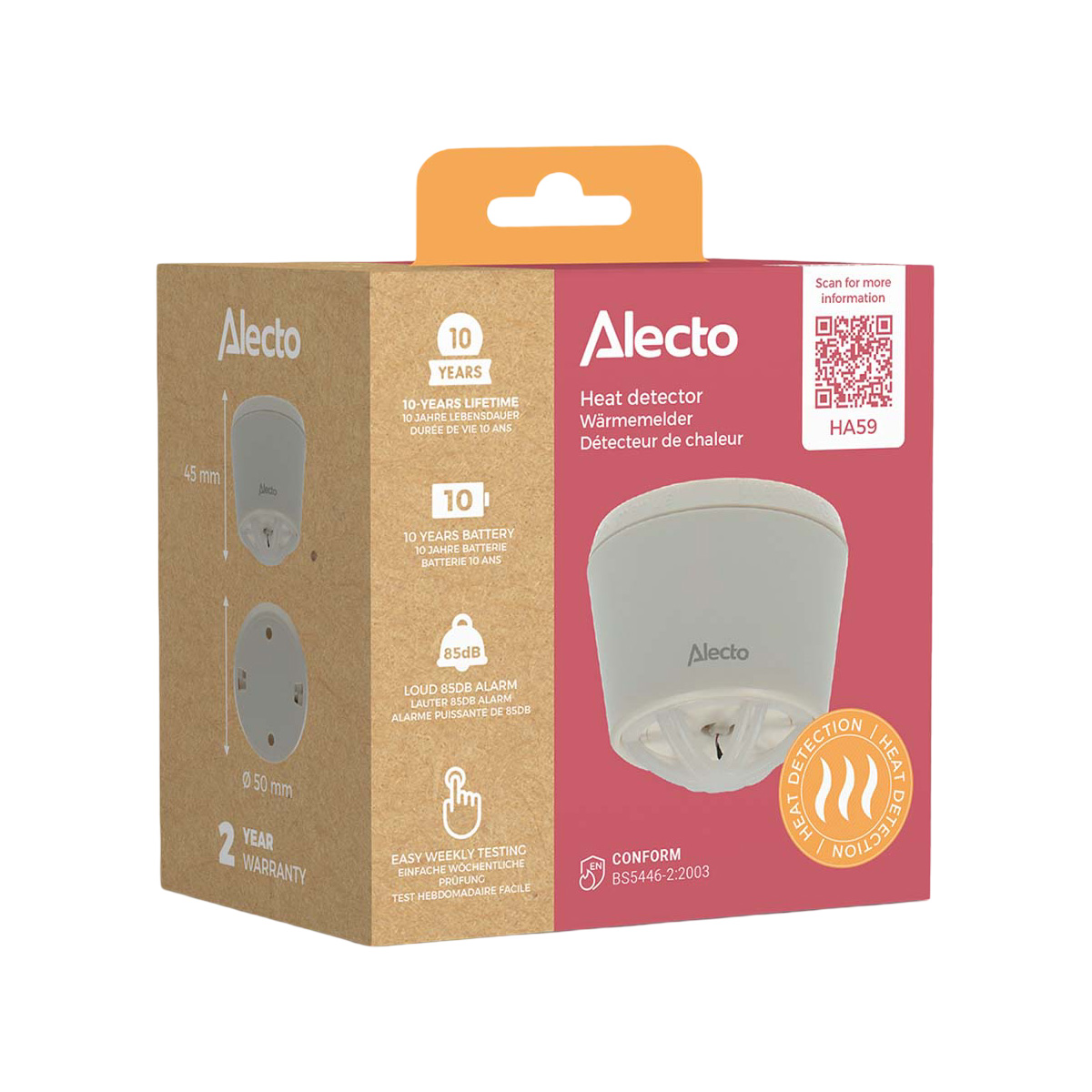 Pudełko czujnika ciepła Alecto ze szczegółami dotyczącymi żywotności, baterii i alarmu 85dB.