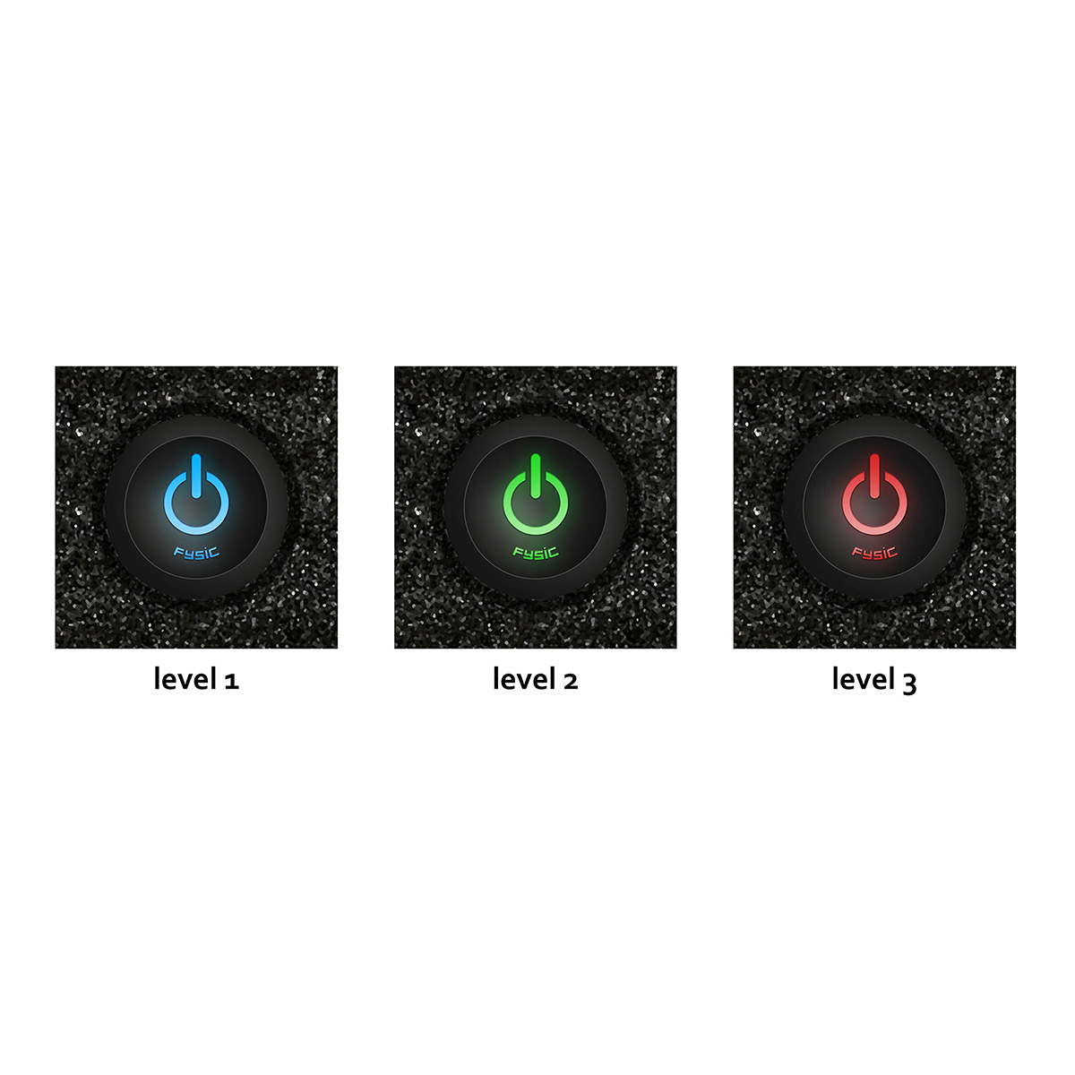 Drei Power-Buttons auf schwarzem Grund: blau (Level 1), grün (Level 2), rot (Level 3).