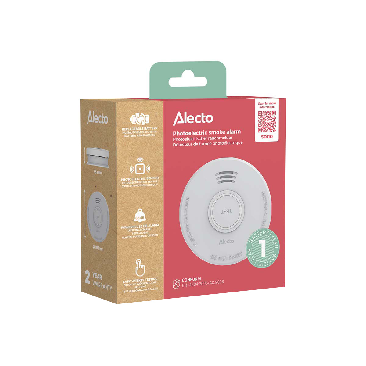 Alecto Rauchmelder-Verpackung mit Bild eines Rauchmelders, technischen Daten und QR-Code.