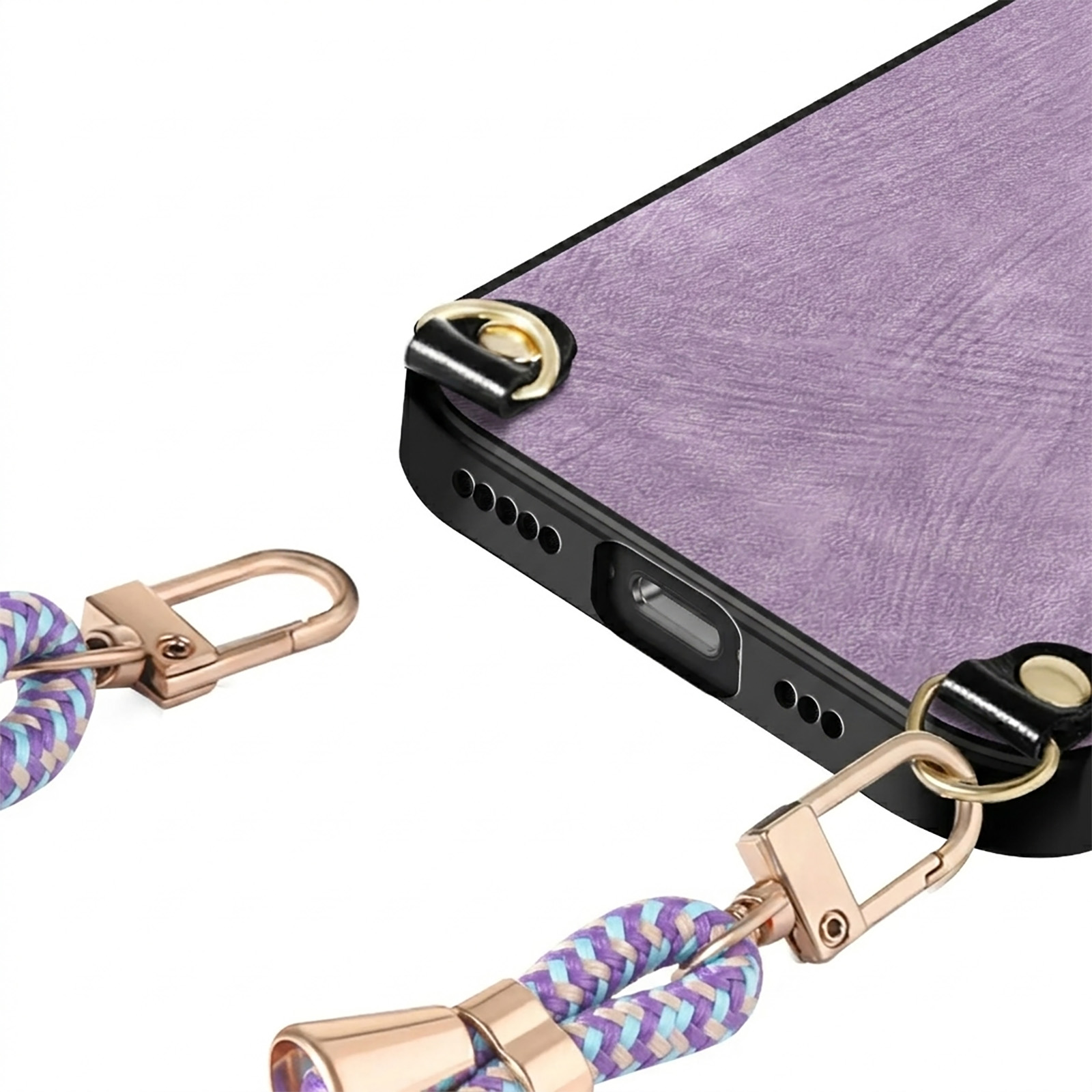 Custodia viola per telefono con cinturino intrecciato e hardware dorato.