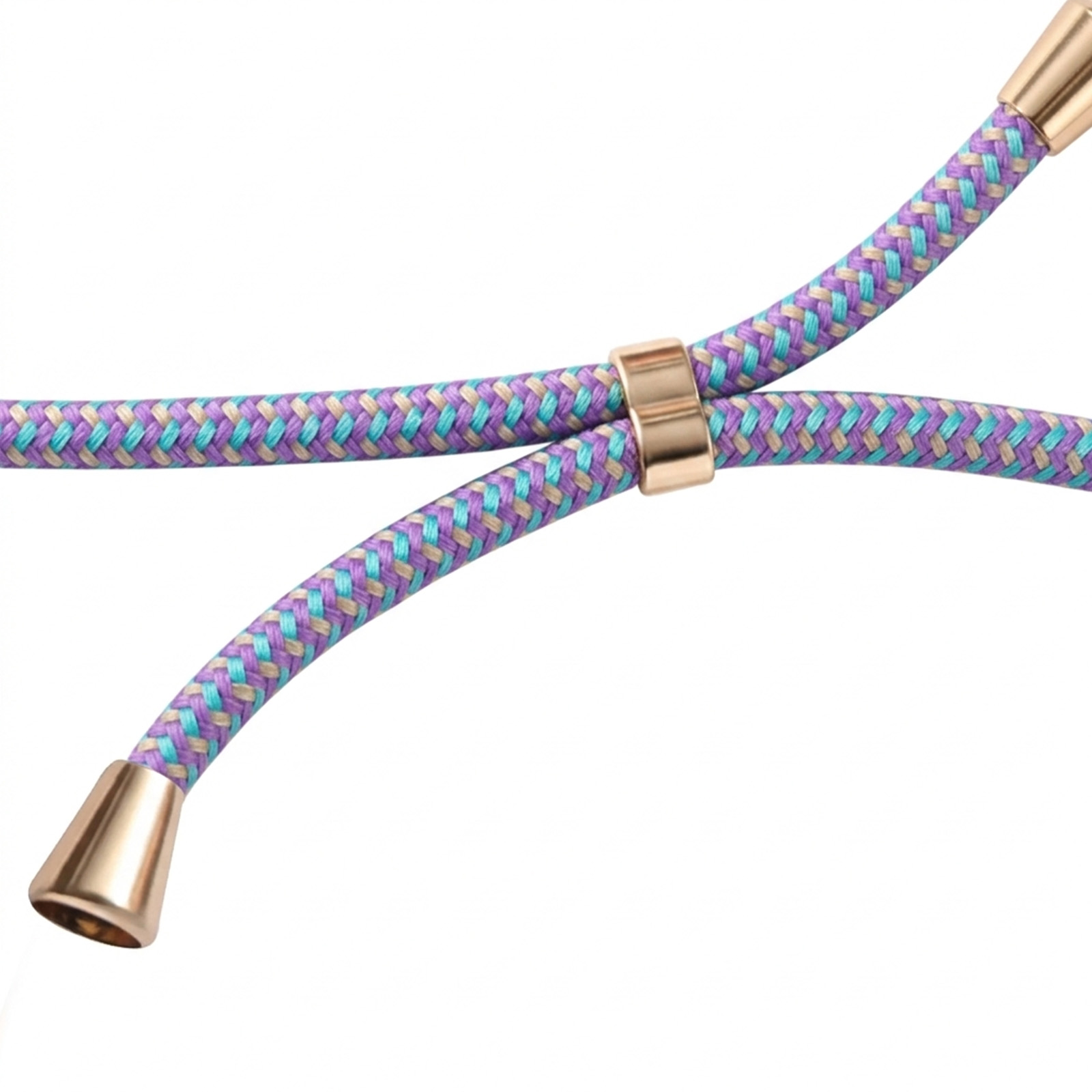 Un cordoncino intrecciato viola, blu e beige con cappucci dorati.