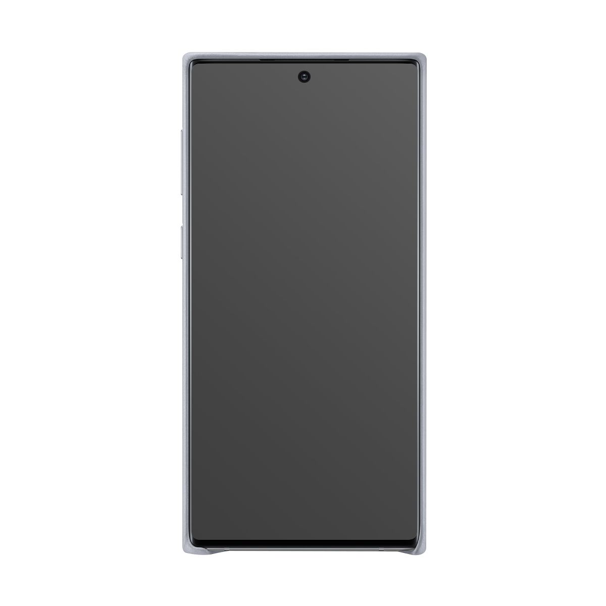 Un smartphone gris con pantalla oscura y pequeña cámara frontal.