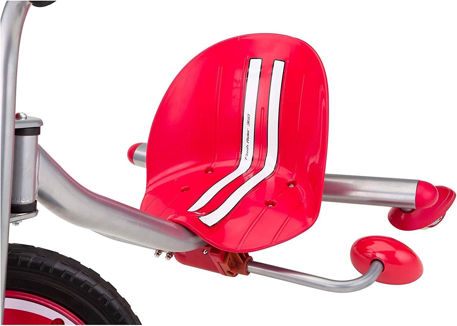 Sedile rosso in plastica con strisce bianche su telaio argentato, parte di un giocattolo per bambini.