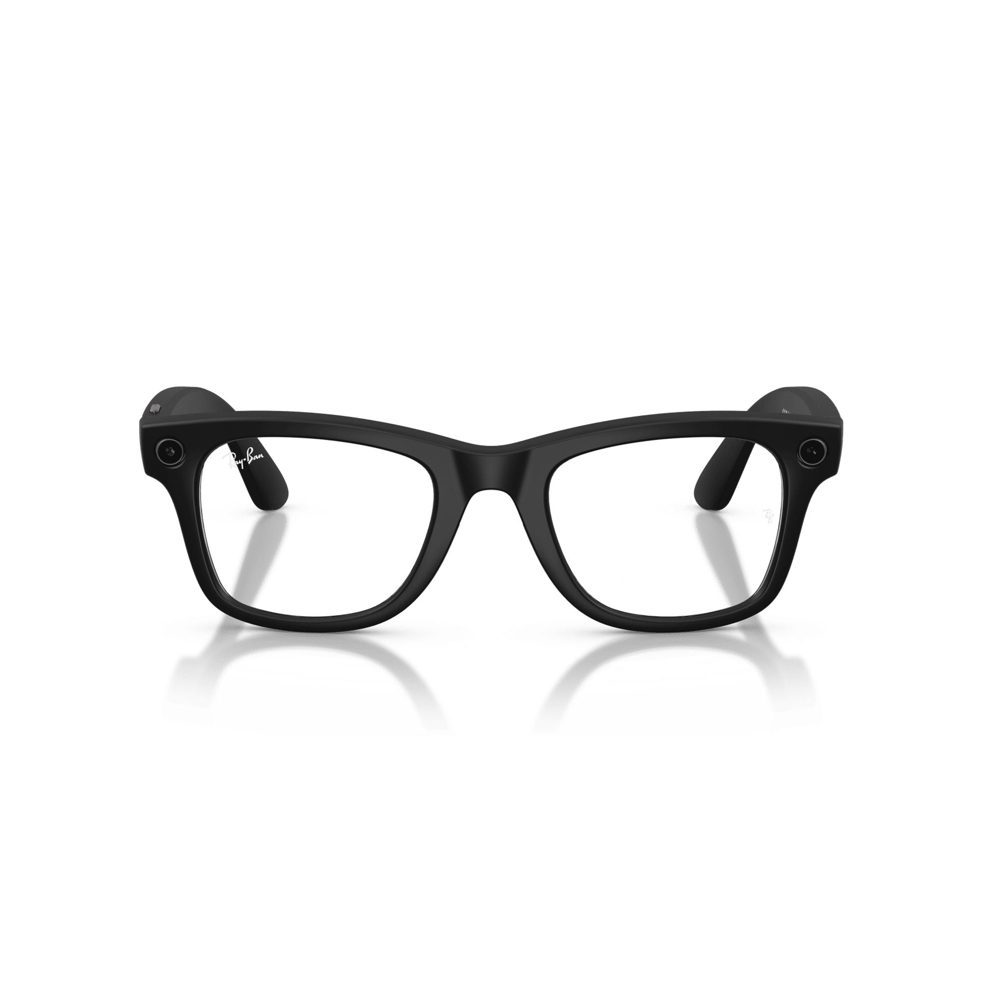 Occhiali neri Ray-Ban con lenti trasparenti e telecamere sui lati.