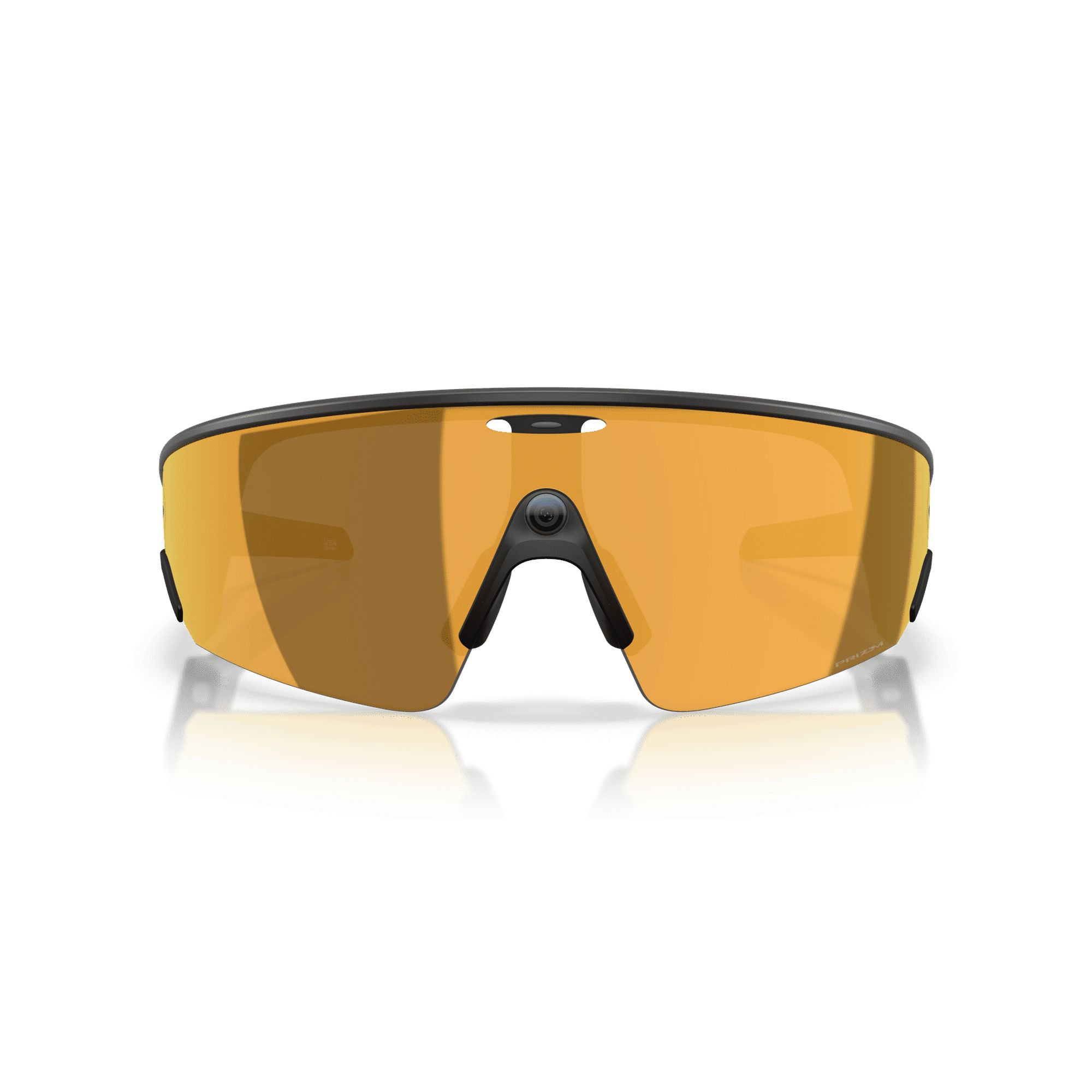 Schwarze Sportsonnenbrille mit breitem, orange verspiegeltem Glas und Nasensteg.