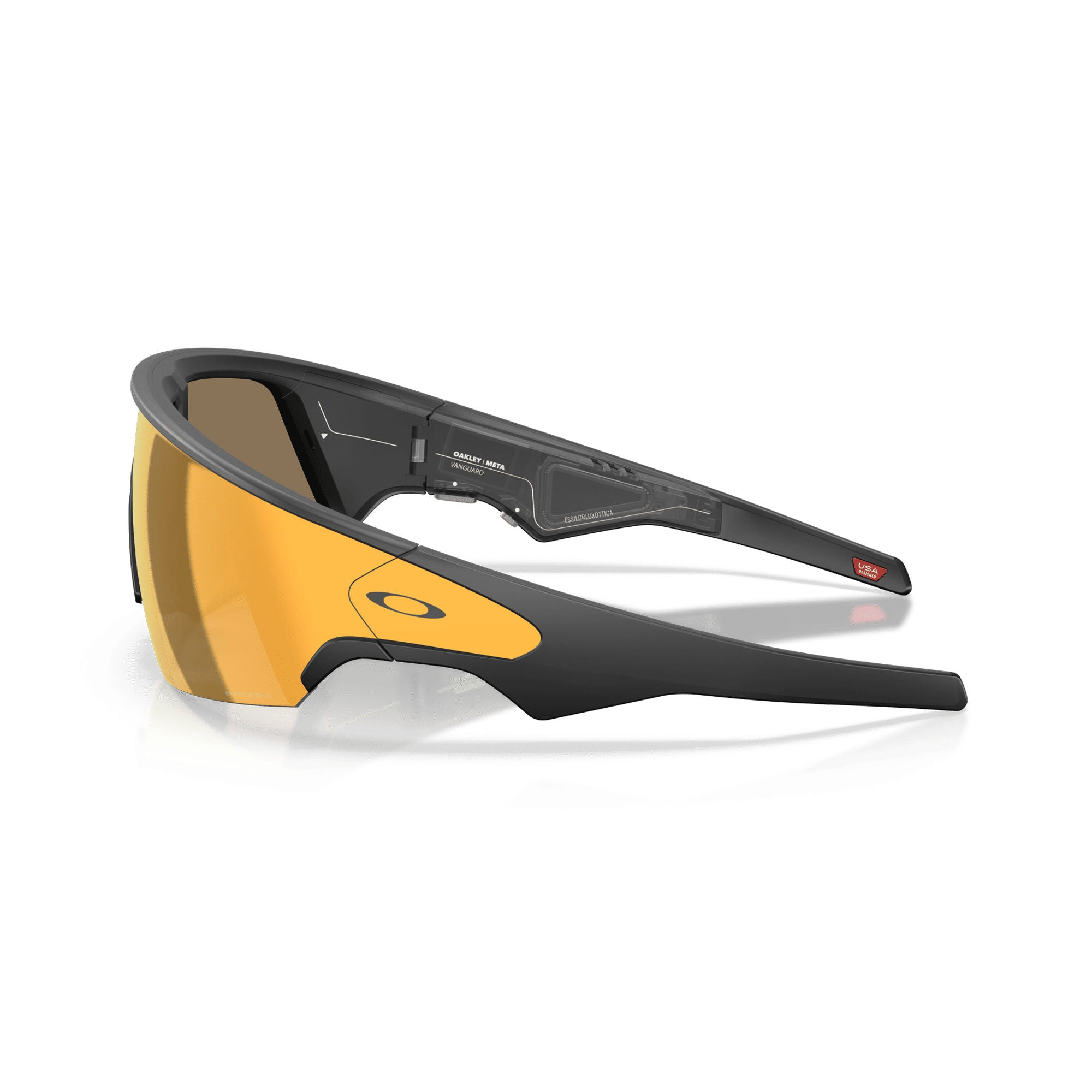 Schwarze Oakley-Sonnenbrille mit gold verspiegelten Gläsern und transparenten Bügeln.