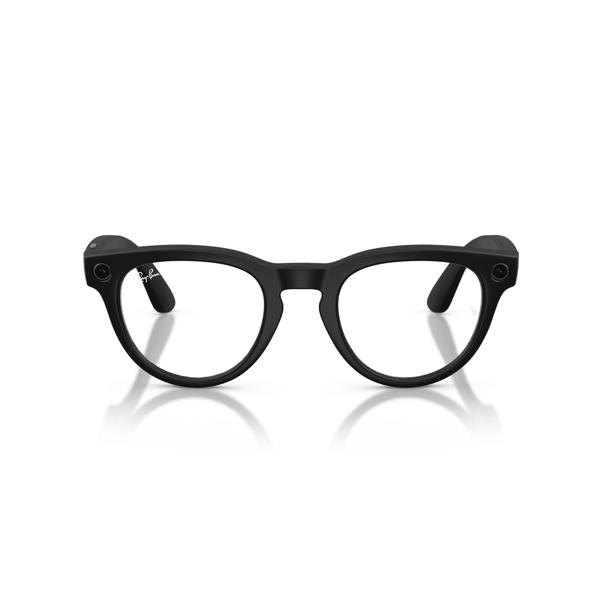 Occhiali neri Ray-Ban con telecamere sulle stanghette, su sfondo bianco.