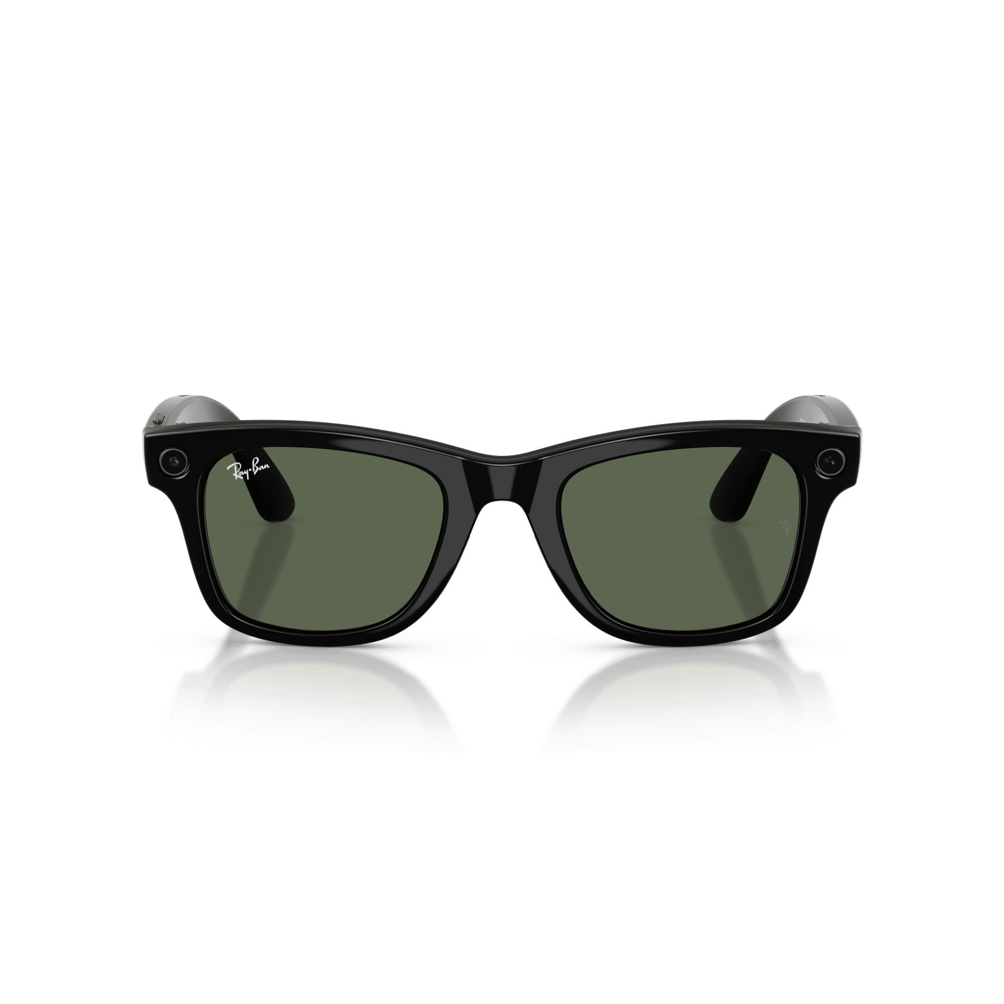 Occhiali Ray-Ban neri con lenti verdi e fotocamere sulle stanghette.