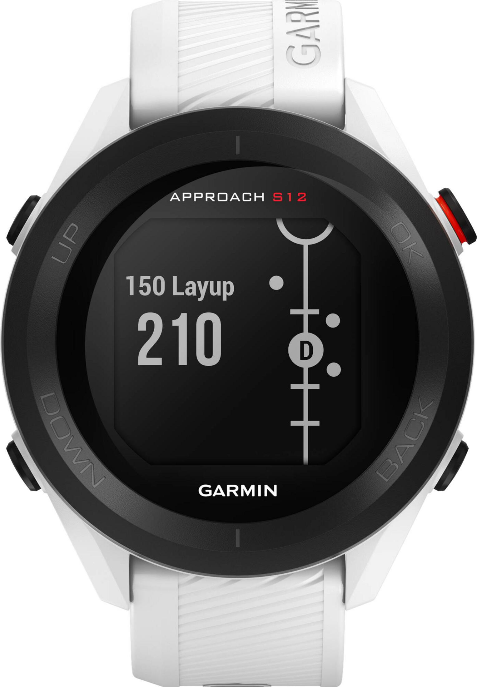 Biały smartwatch Garmin Approach S12 z czarną tarczą i danymi golfowymi.