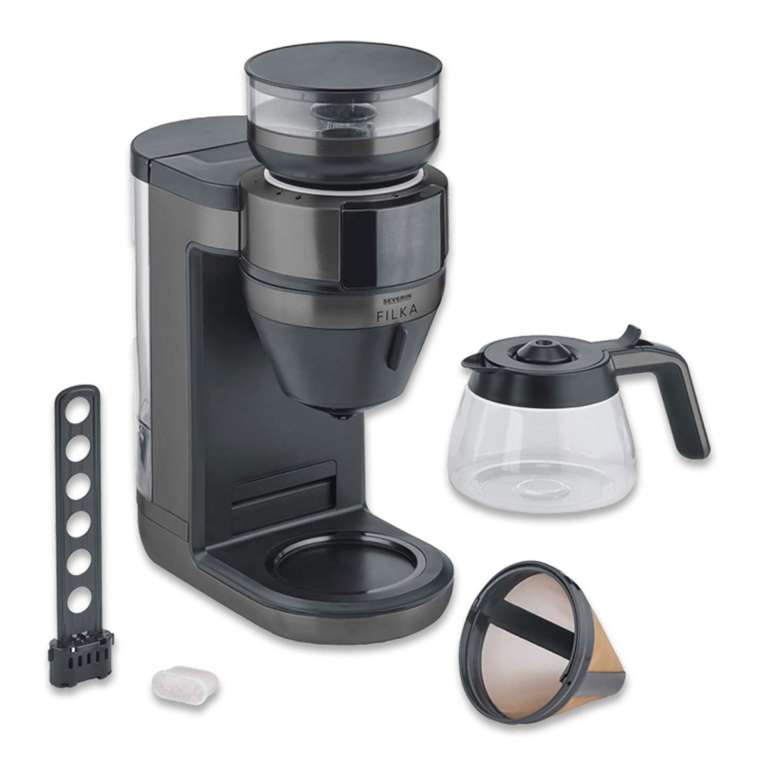 Ekspres do kawy z dzbankiem, uchwytem na filtr i narzędziem do czyszczenia na zielonym tle.