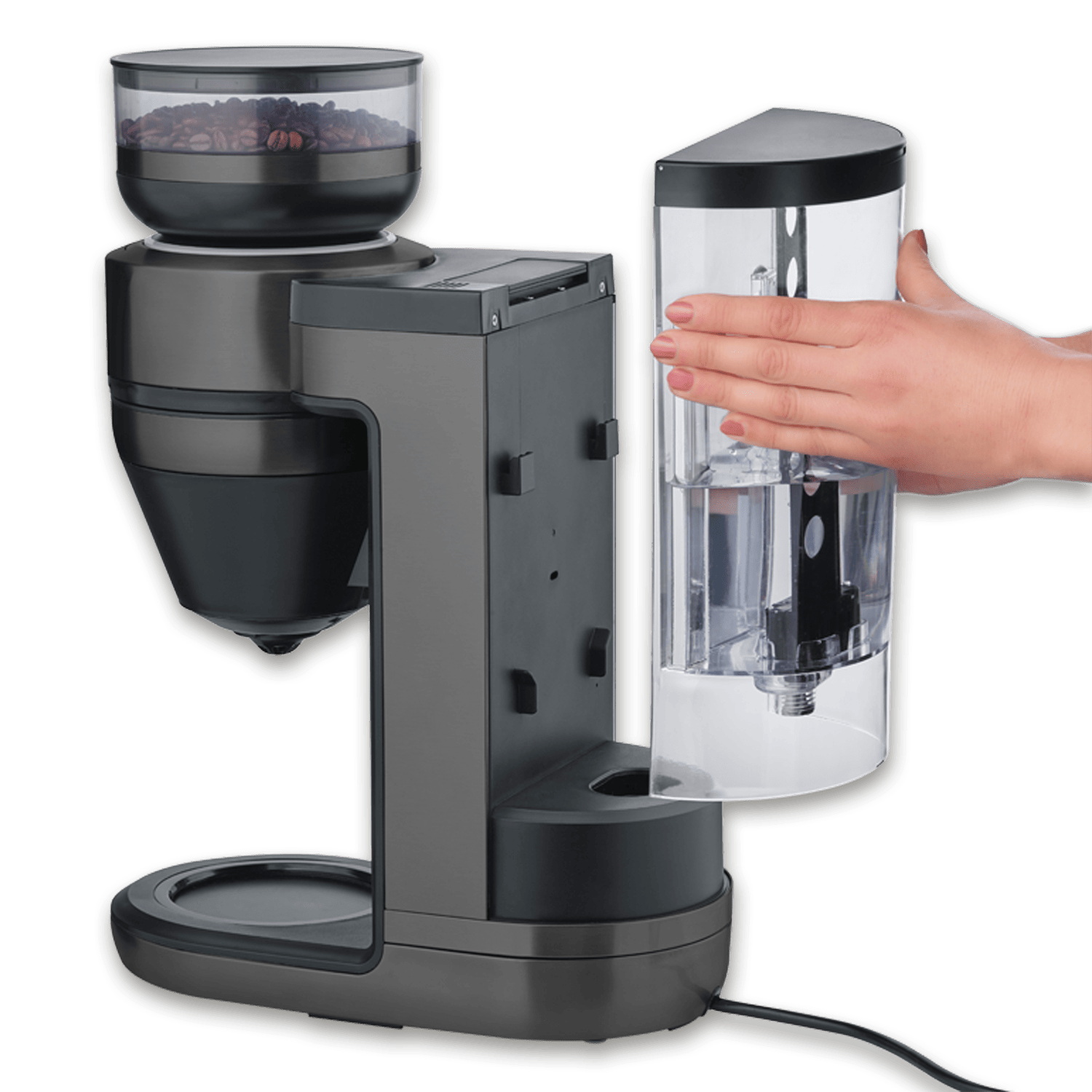 Ekspres do kawy z zasobnikiem na ziarna na górze i wyjmowanym zbiornikiem na wodę.