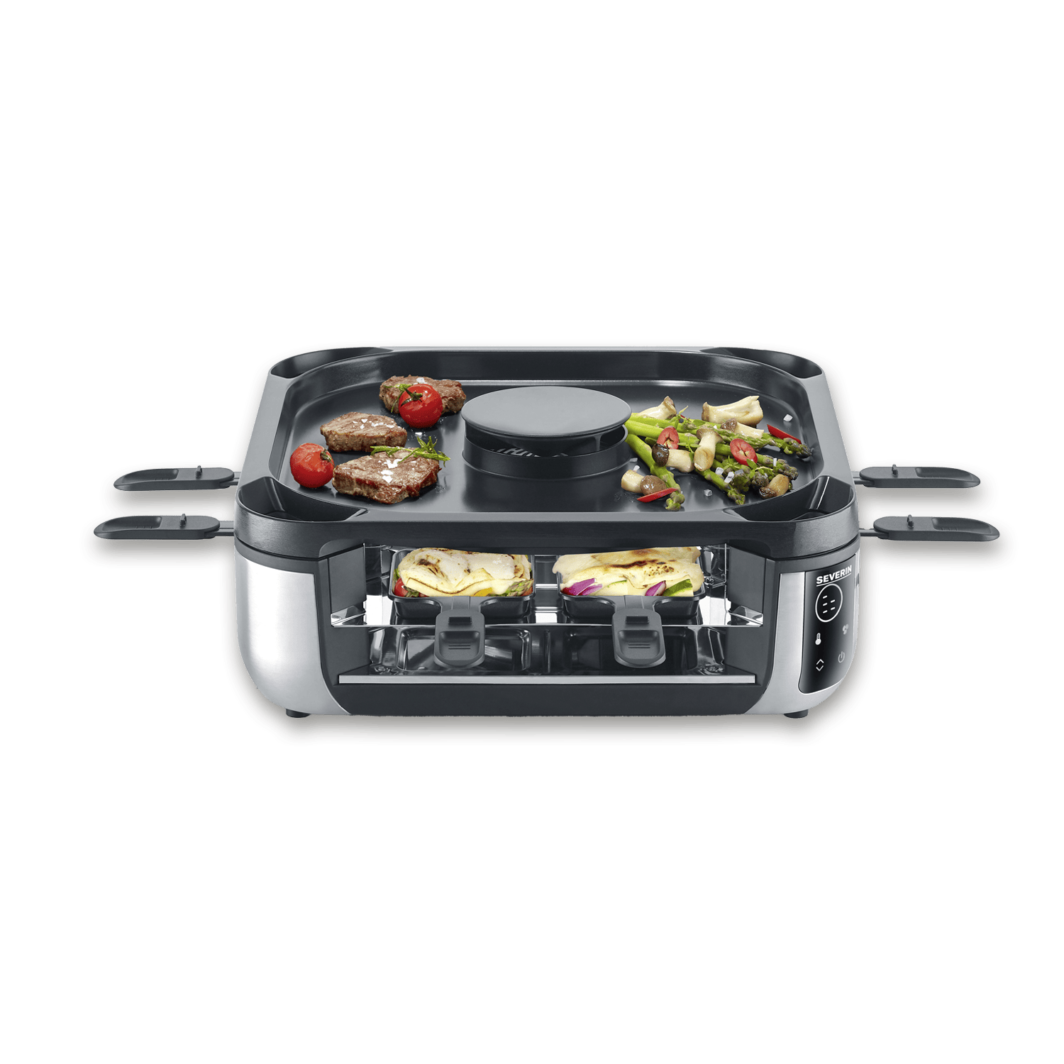 Grill do raclette z grillowanym mięsem, warzywami i małymi patelniami.