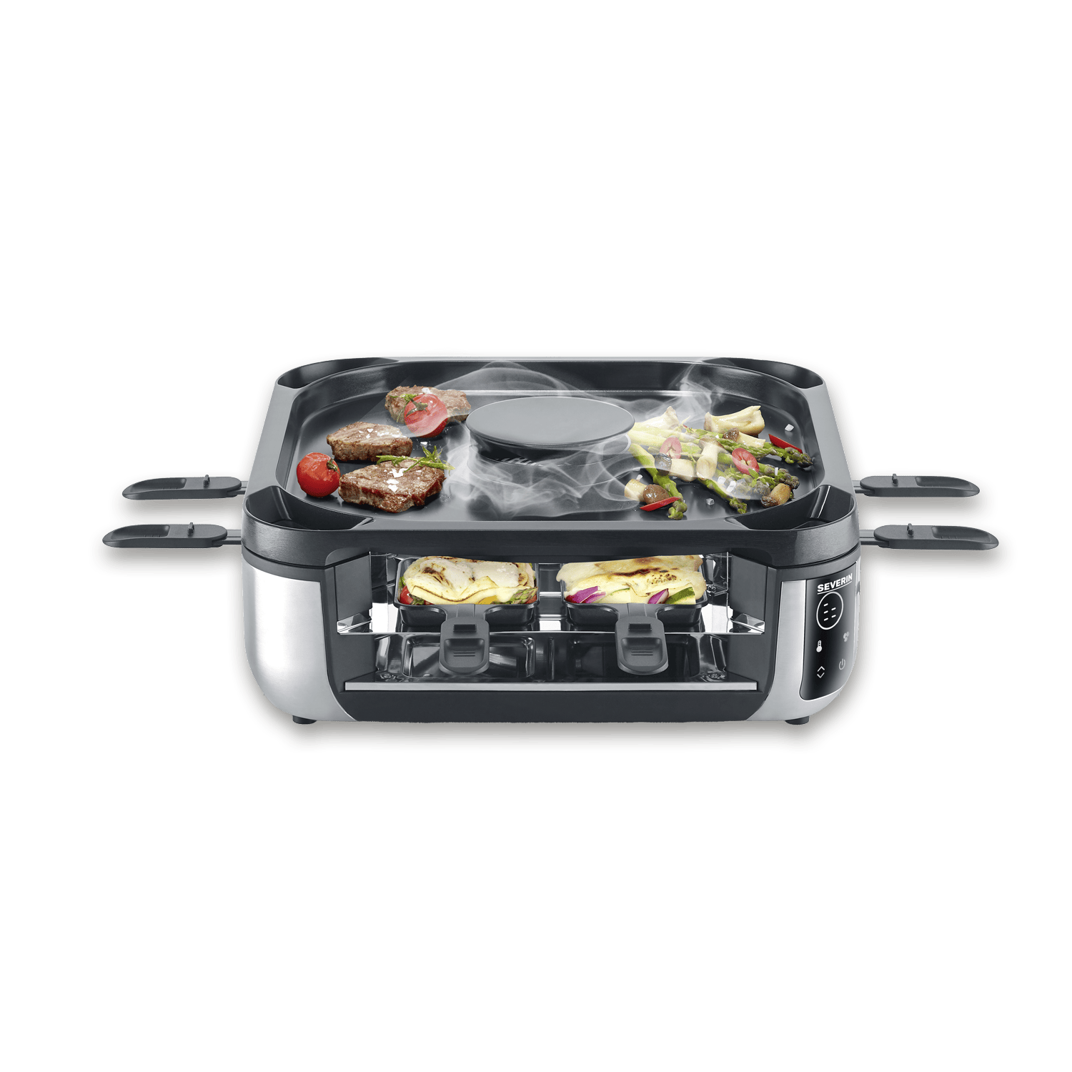 Grill do raclette z mięsem, warzywami i serem gotującymi się na grillu i w patelniach.