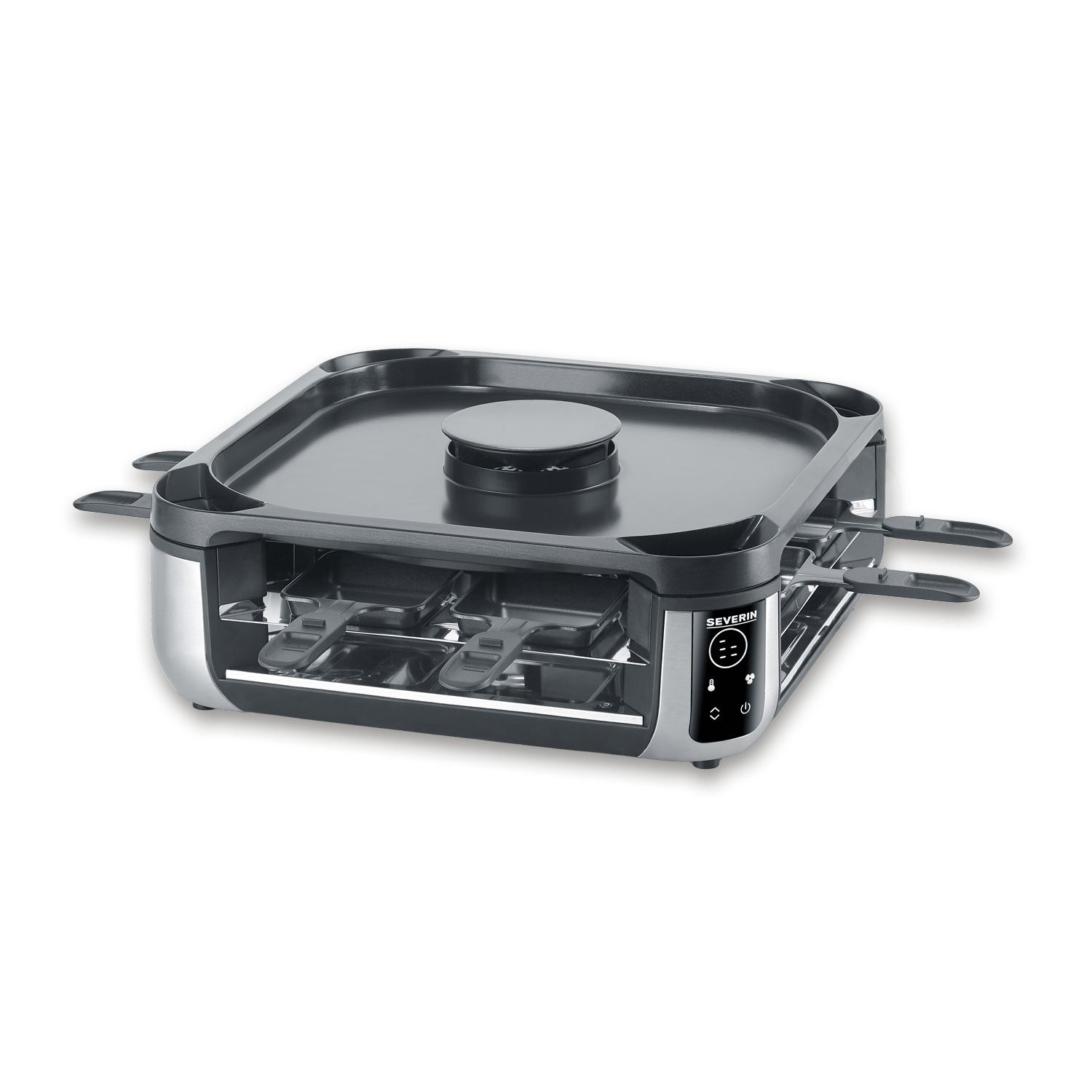 Czarny elektryczny grill raclette z czterema patelniami i płytą grillową.