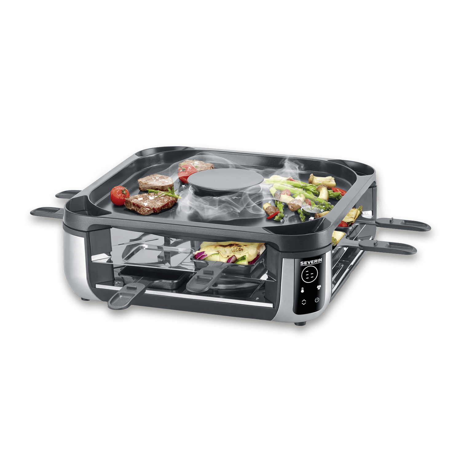 Grill do raclette z mięsem, warzywami i serem. Dym się unosi.