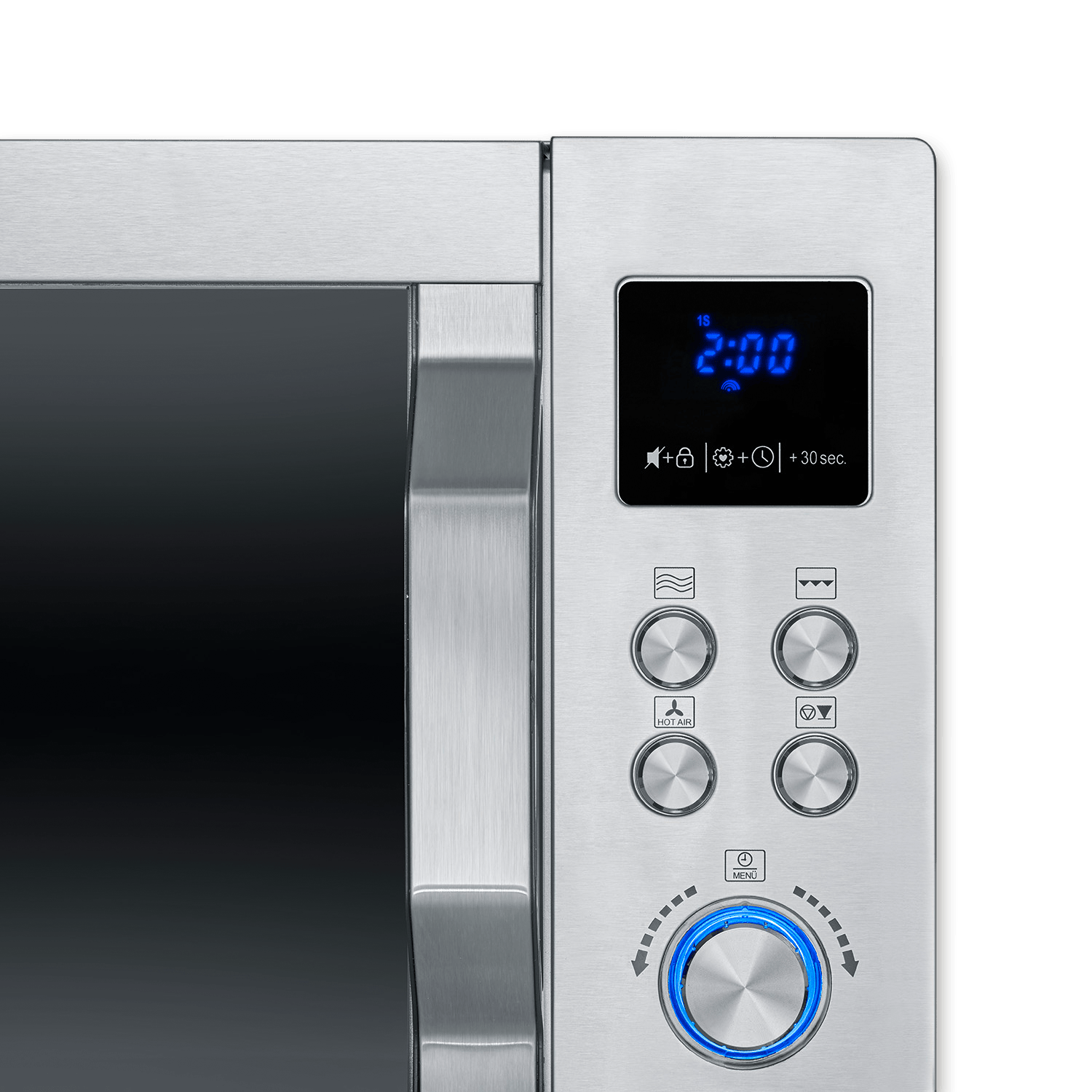 Mikrofalówka ze stali nierdzewnej z cyfrowym wyświetlaczem i przyciskami.