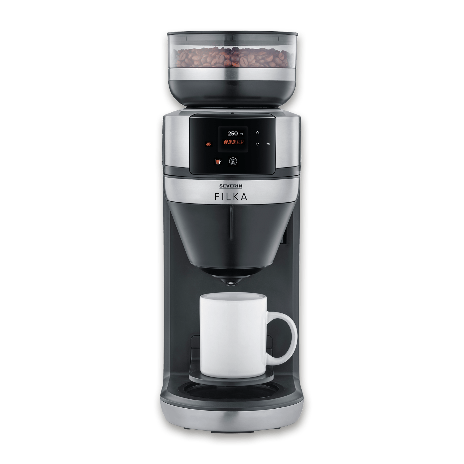 Macchina da caffè con contenitore chicchi, display e tazza bianca.