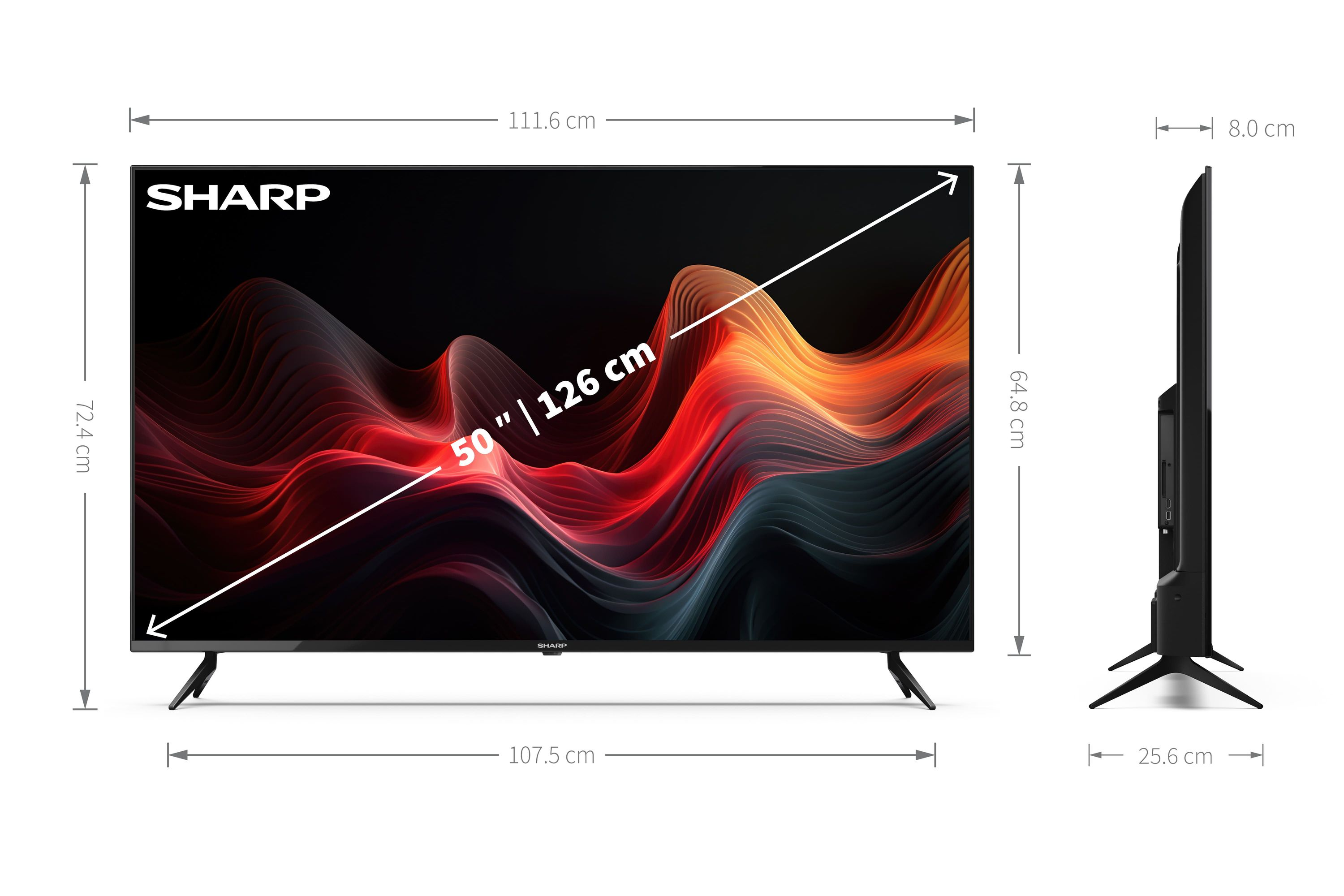 Una TV Sharp da 50 pollici che mostra un'immagine astratta di onde rosse e nere.