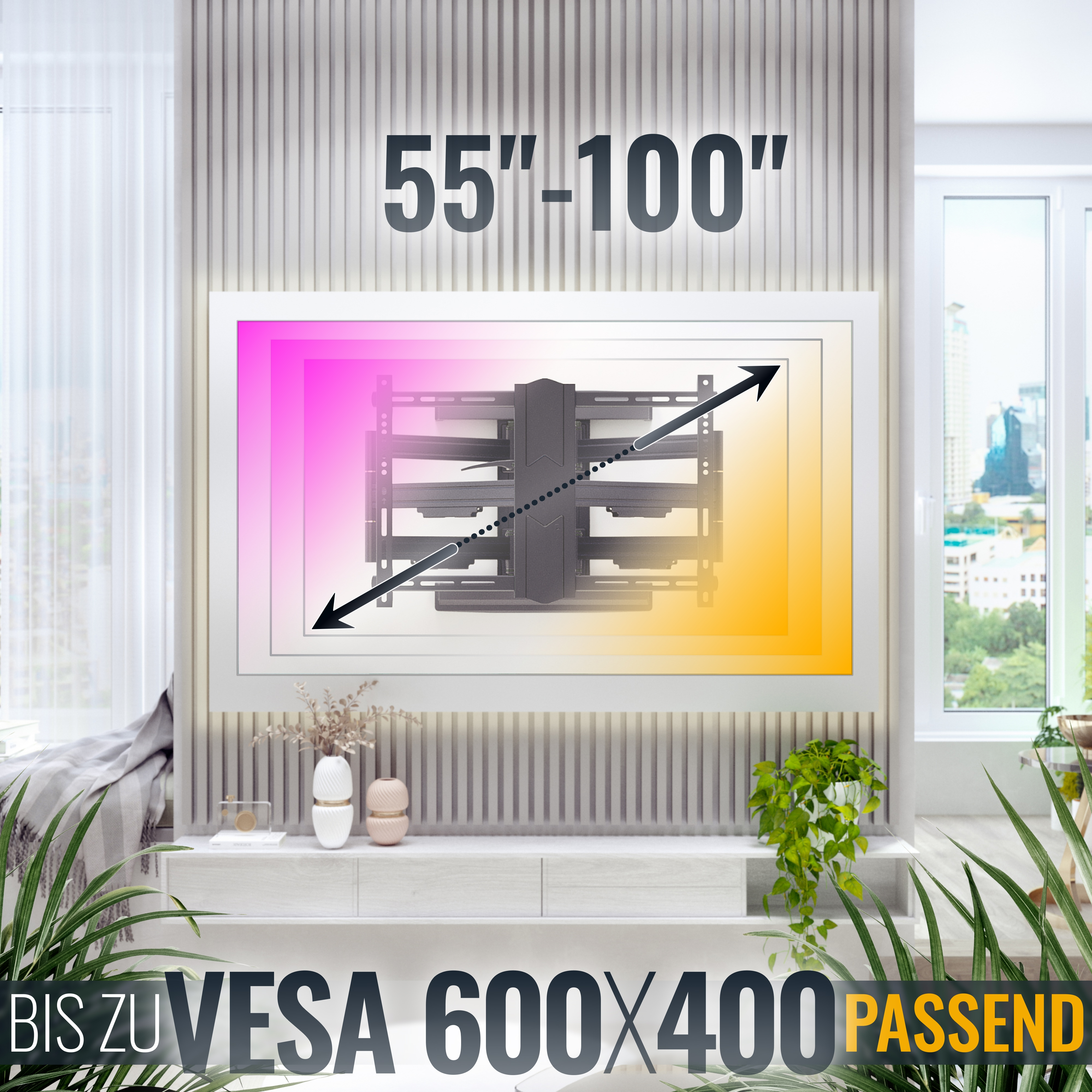 Ein schwarzer TV-Wandhalter für 55-100 Zoll Bildschirme, VESA 600x400.