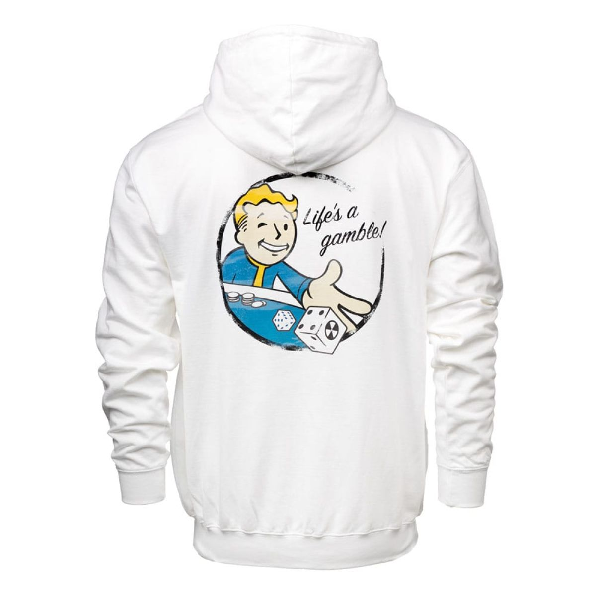 Sudadera blanca con Vault Boy guiando y sosteniendo un dado.