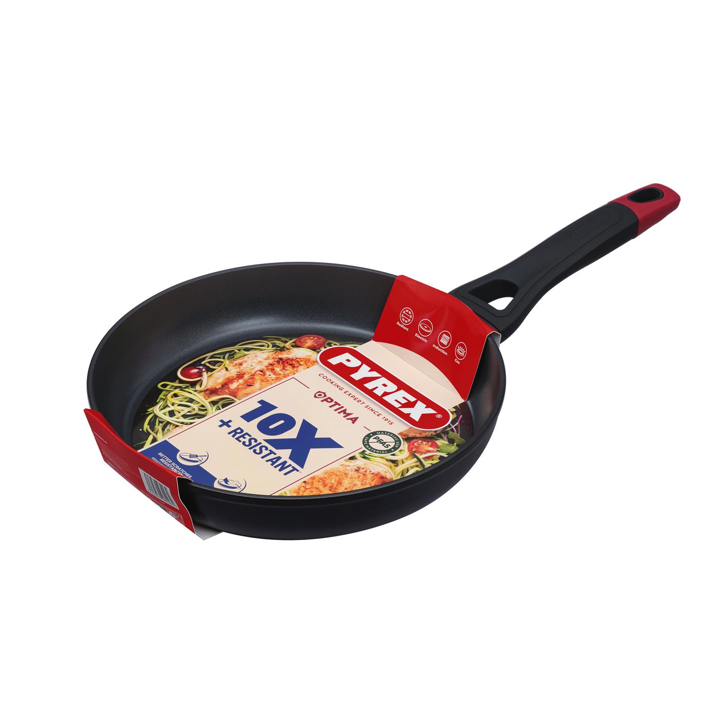 Pyrex koekenpan met zwart handvat en rode dop, toont een afbeelding van kip.