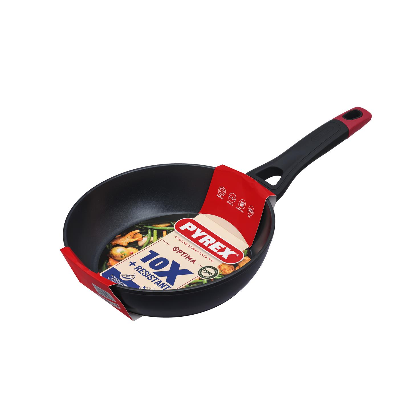Zwarte Pyrex koekenpan met rood handvat en label dat 10X weerstand aangeeft.