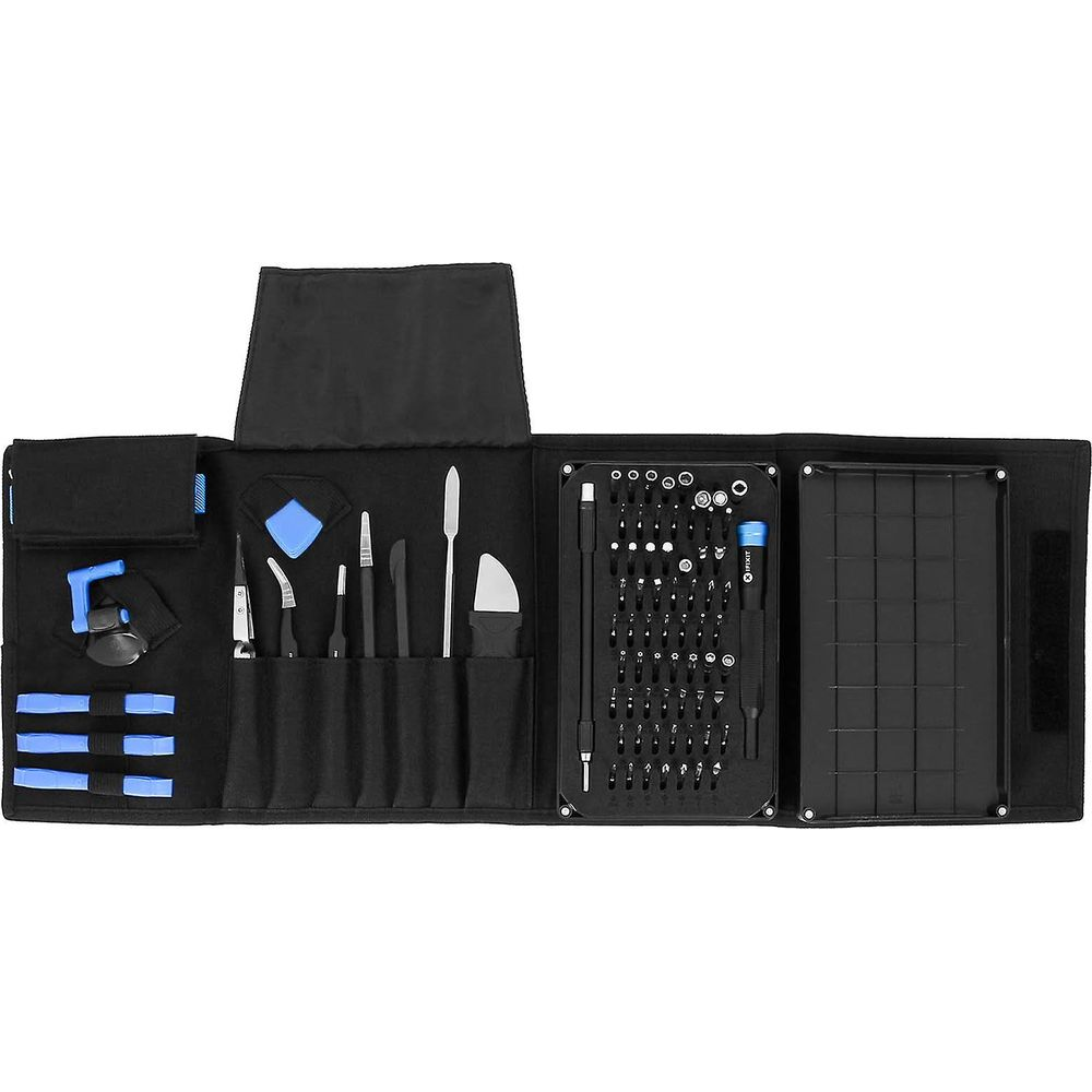 Ein offenes schwarzes Werkzeugset mit verschiedenen Schraubendrehern und Werkzeugen.