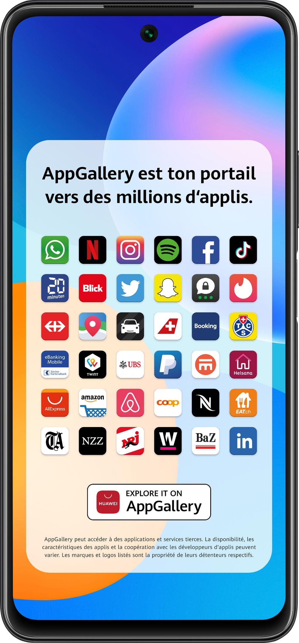 Ein Smartphone zeigt die AppGallery mit vielen App-Logos wie Netflix, Spotify und Facebook.