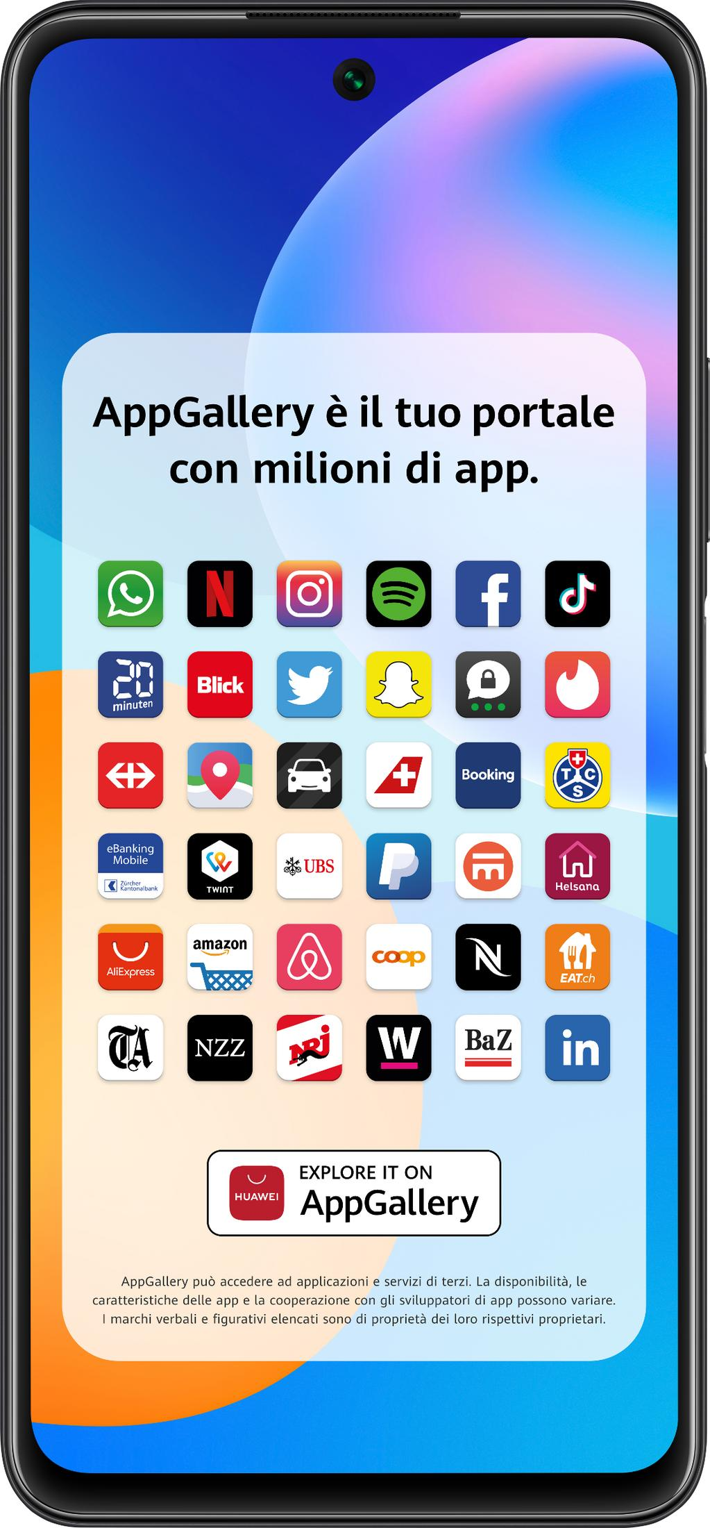 Ein Smartphone zeigt die AppGallery mit vielen App-Icons wie WhatsApp, Netflix, Spotify, Facebook.