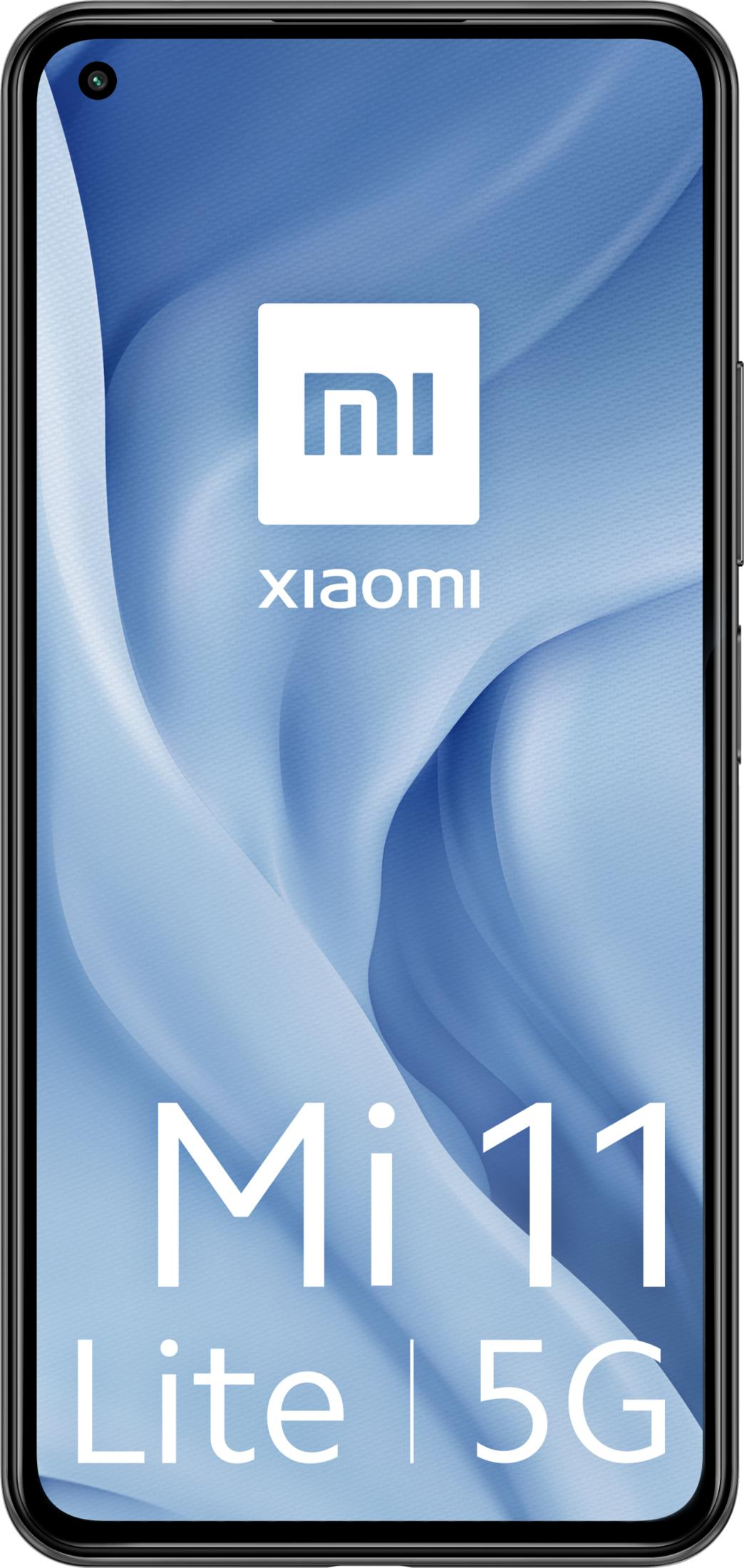 Smartfon Xiaomi Mi 11 Lite 5G na niebieskim tle z logo.