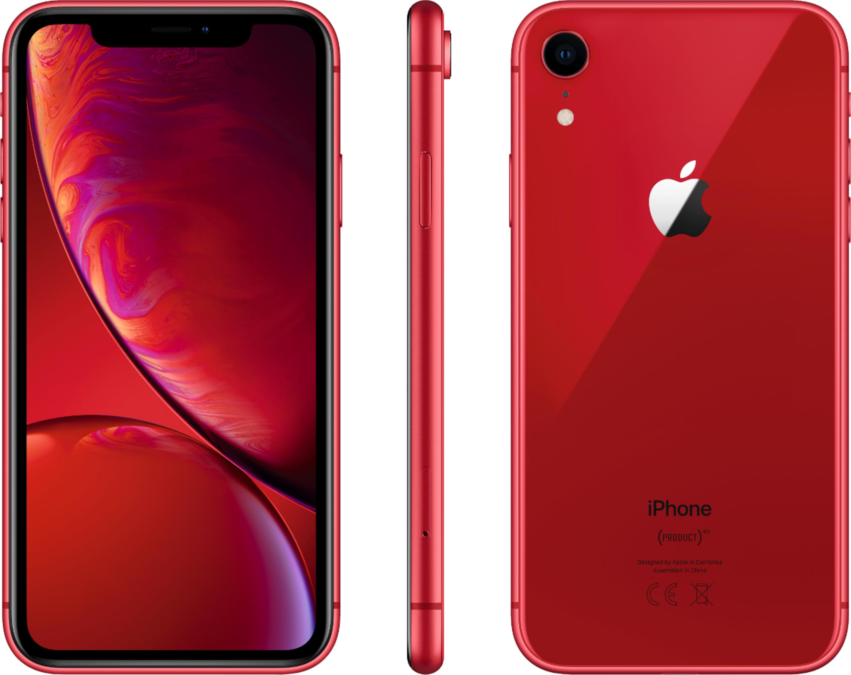 iPhone XR rojo mostrado de frente, lado y atrás. Logo de Apple atrás.
