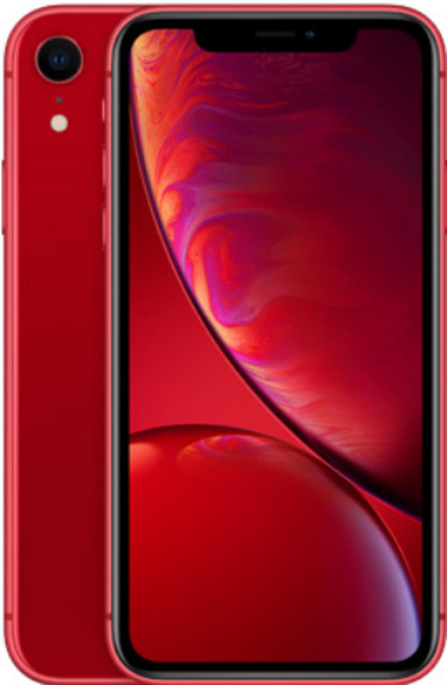 Un iPhone XR rojo con su pantalla.