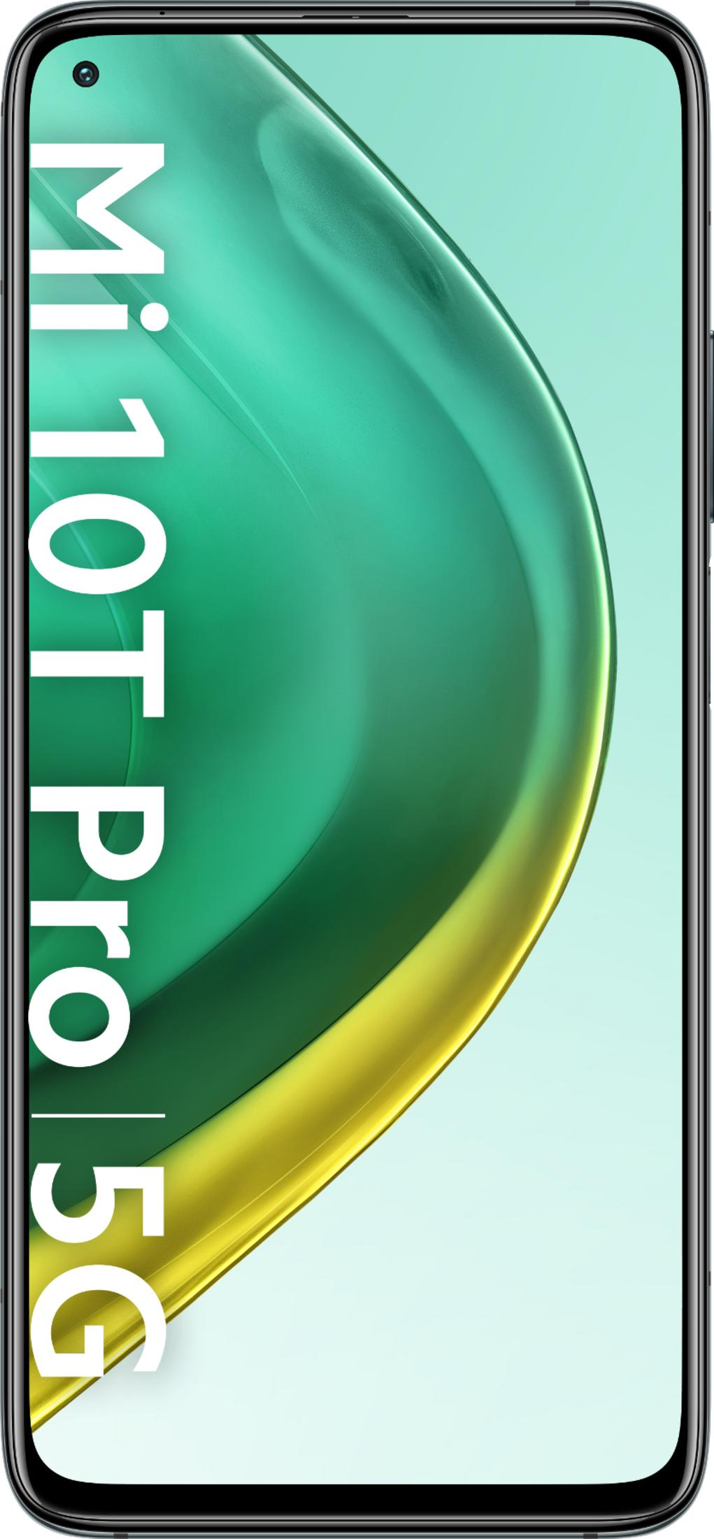 Smartfon Xiaomi Mi 10T Pro 5G na zielonym i żółtym tle.