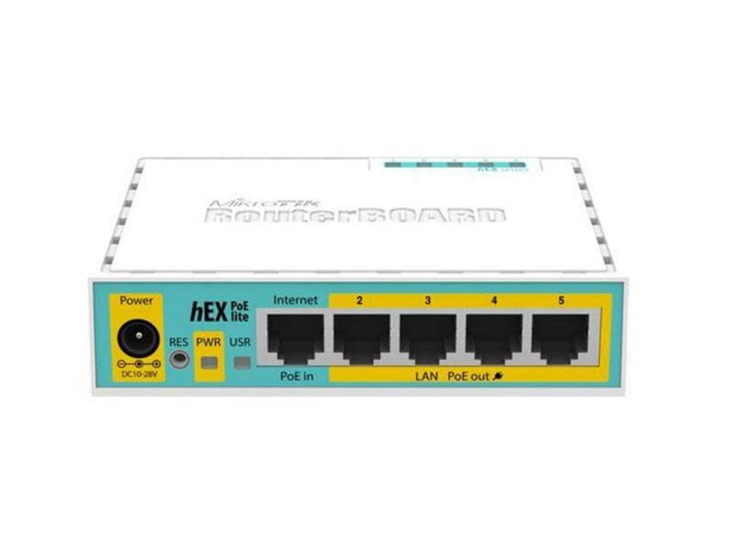 Router MikroTik con 5 porte Ethernet, ingresso alimentazione e PoE.