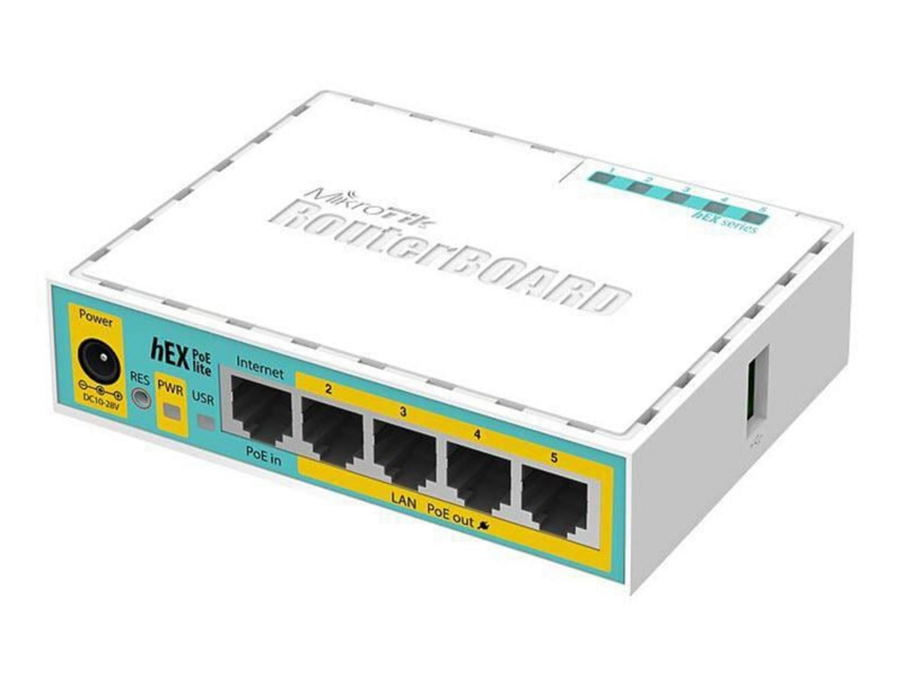 Un router Mikrotik bianco con 5 porte LAN, ingresso alimentazione e LED di stato.