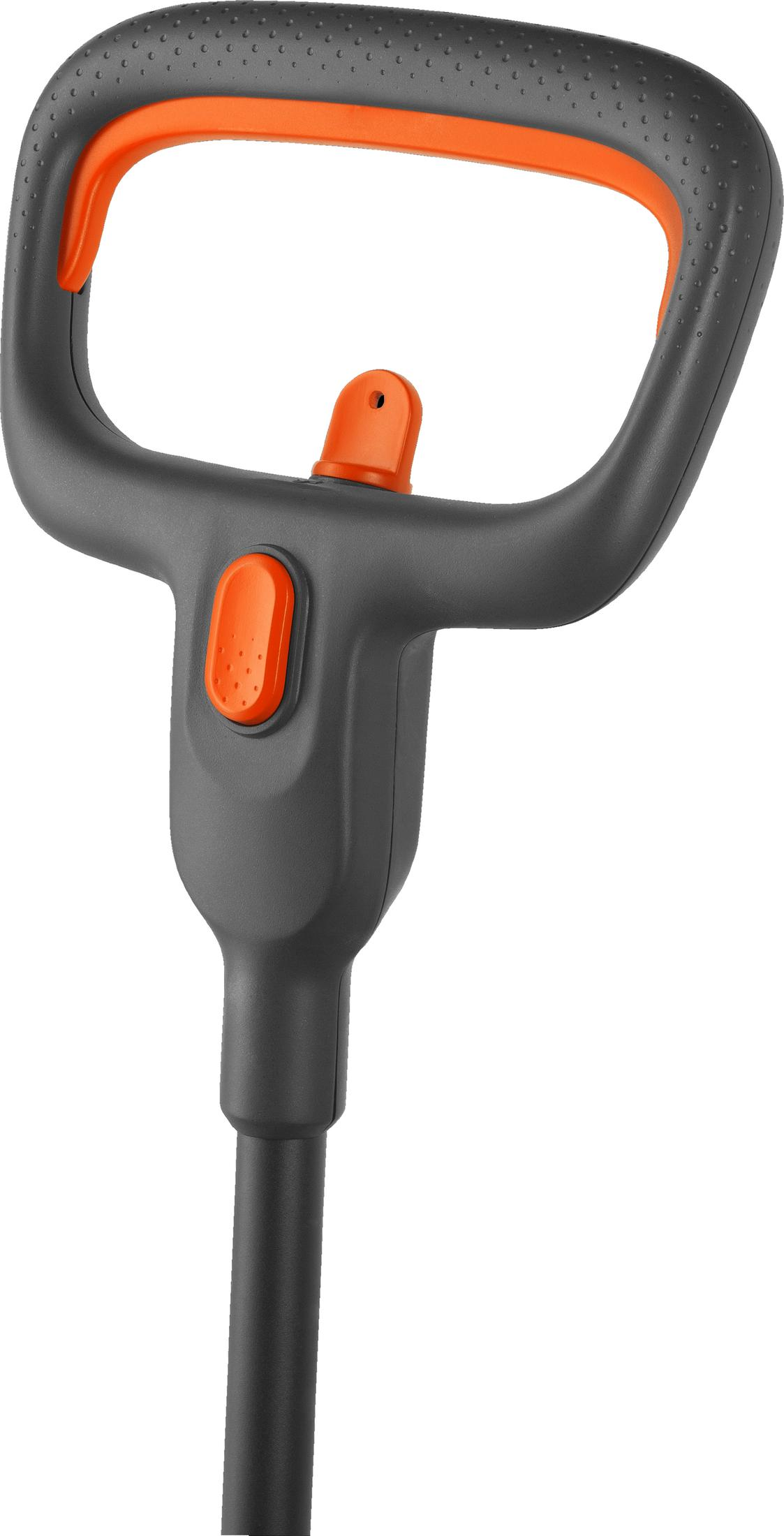 Grauer Griff mit orangenem Knopf und Griffbügel auf weißem Hintergrund.