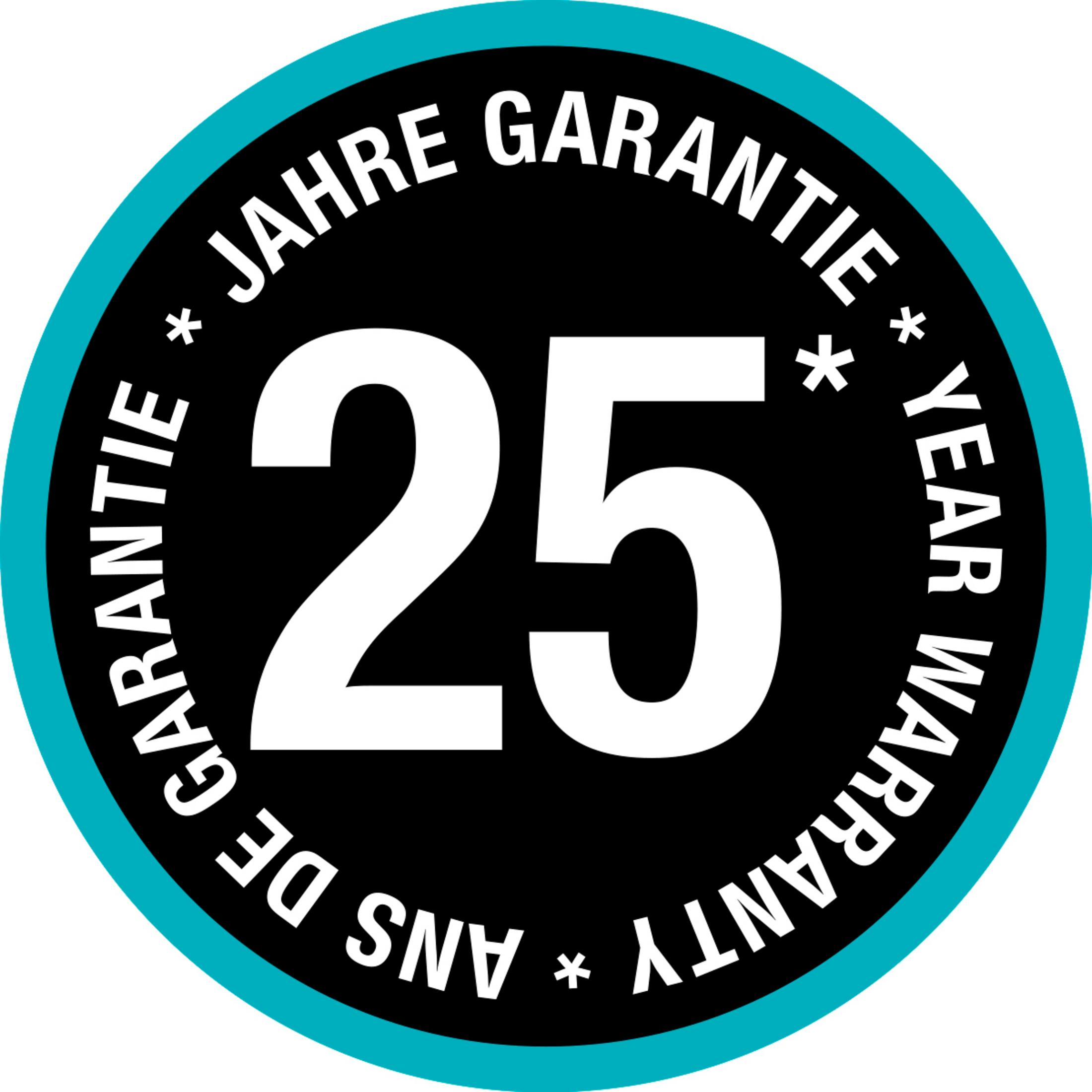 Naklejka 25 lat gwarancji z niebieską obwódką i białym tekstem.