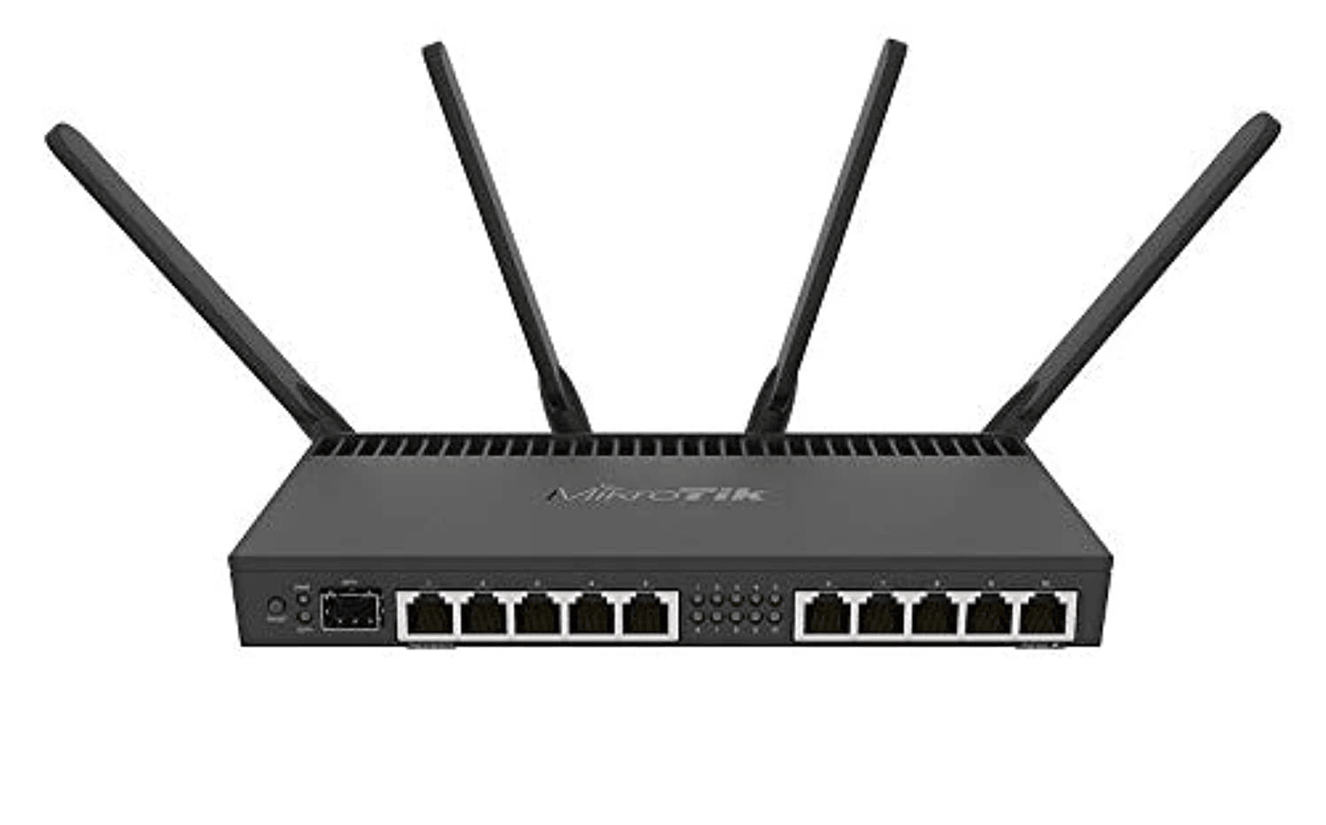 Czarny router Mikrotik z pięcioma portami Ethernet i czterema antenami.