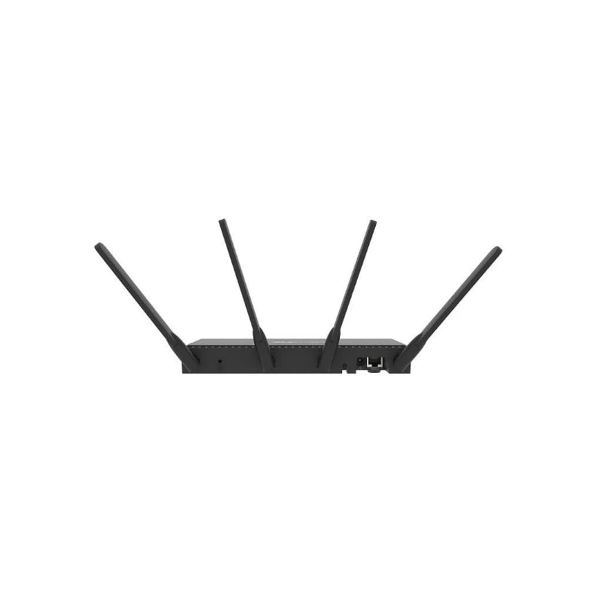 Czarny router WiFi z czterema antenami i portami z tyłu.