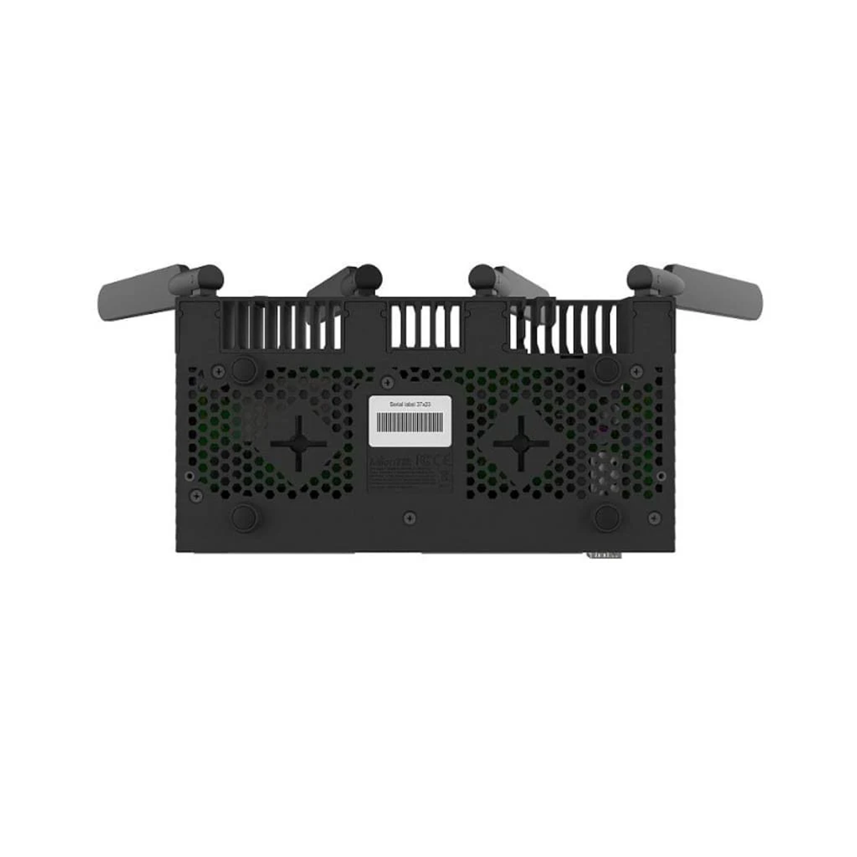 Czarny router z antenami i otworami wentylacyjnymi.