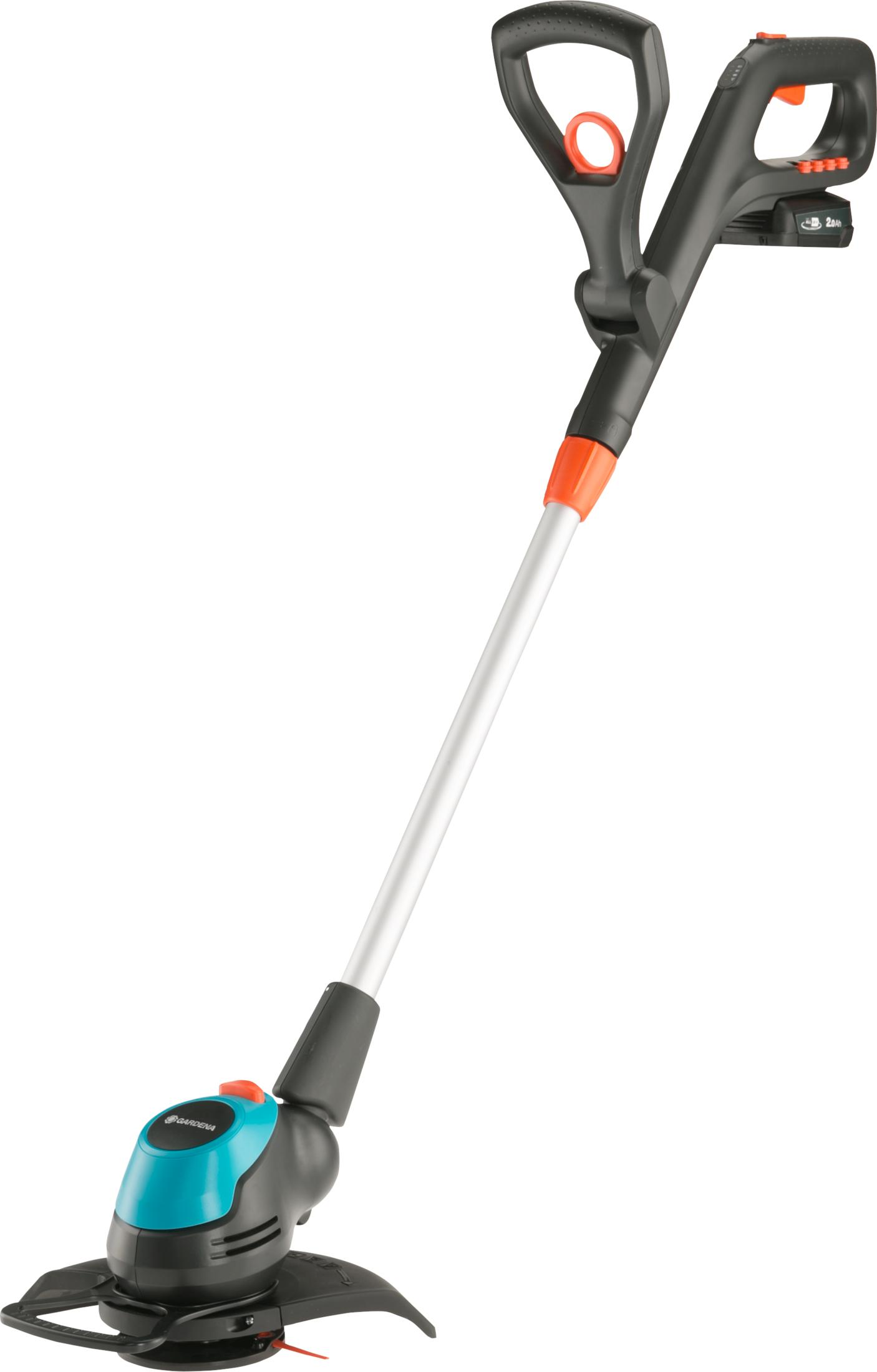 Ein schwarzer Rasentrimmer mit orangefarbenen Akzenten und einem silbernen Stiel.